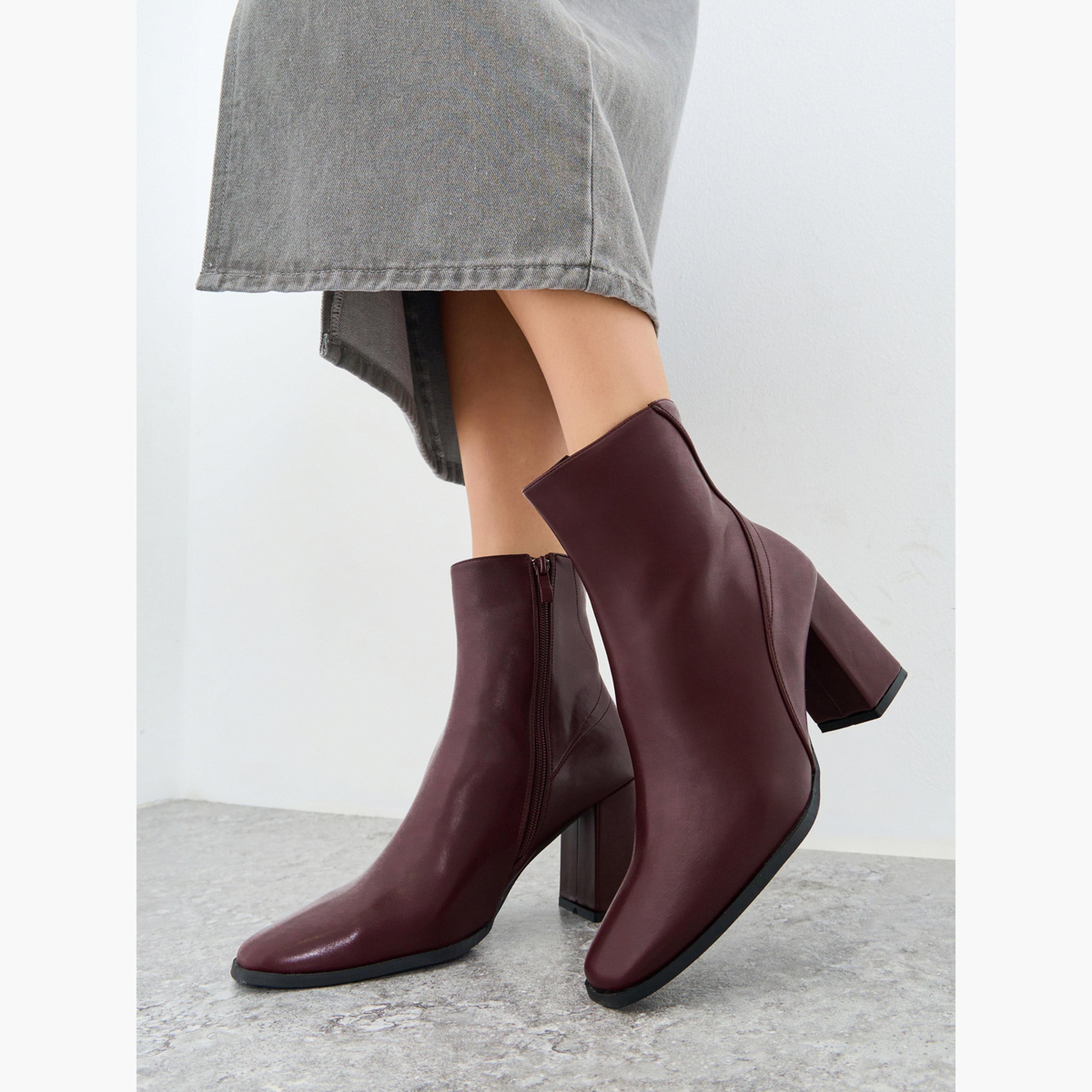 ستايلي - حذاء بكعب عريض وأصابع مربعة لون برغندي سادة-women-shoes-boots-image-2