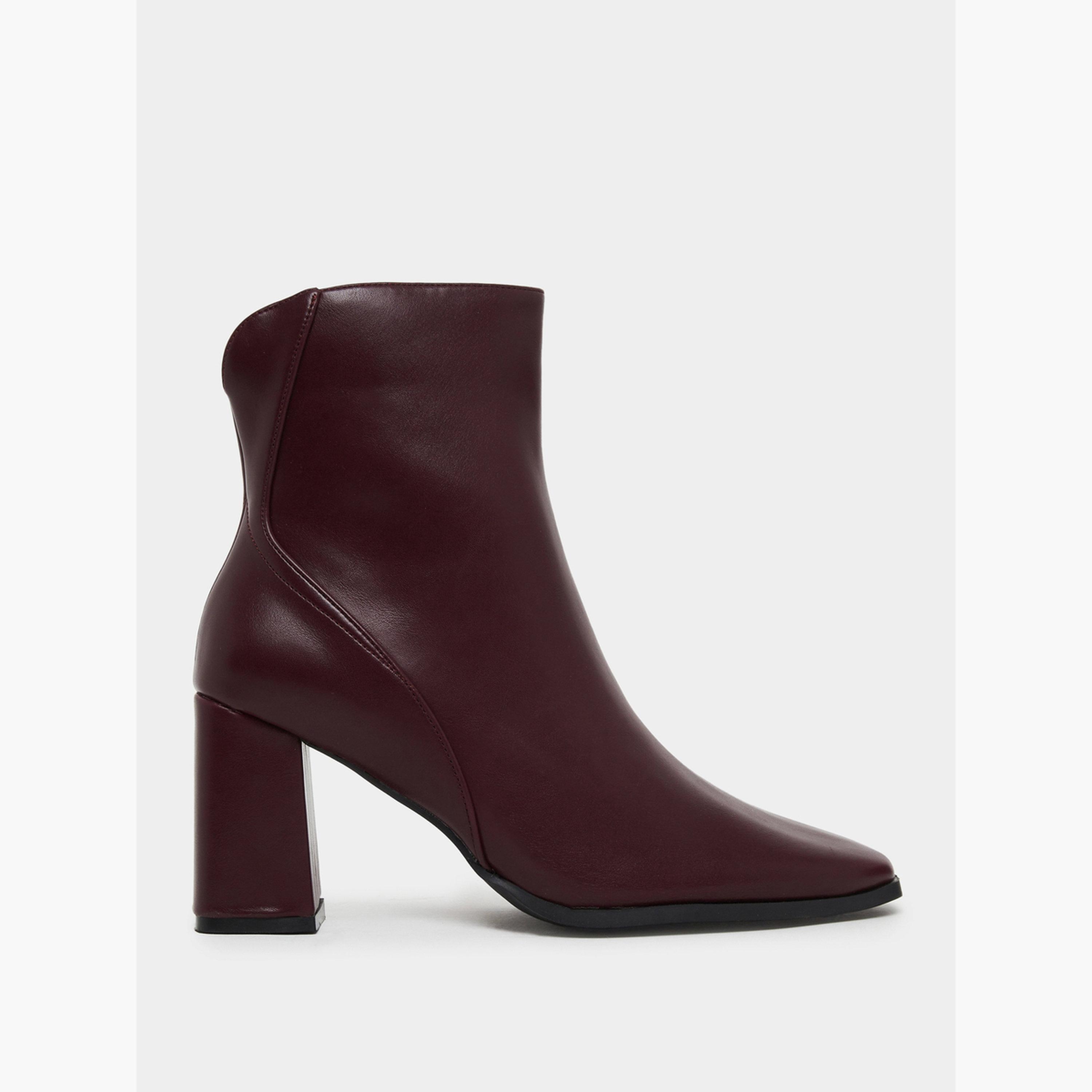 Styli Burgundy Plain Square Toe Block Heel Ankle Boots-women-shoes-boots-image-3