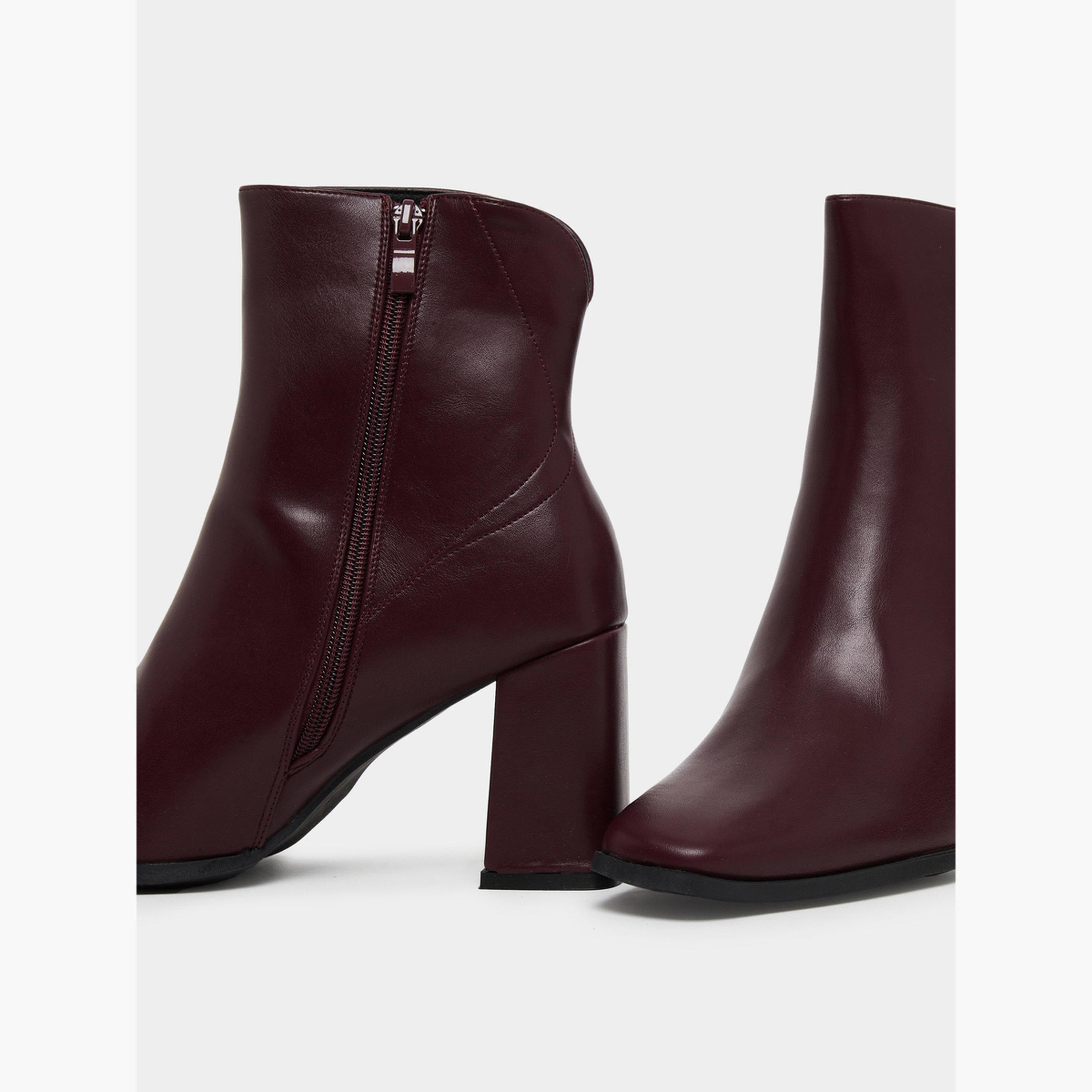 ستايلي - حذاء بكعب عريض وأصابع مربعة لون برغندي سادة-women-shoes-boots-image-5