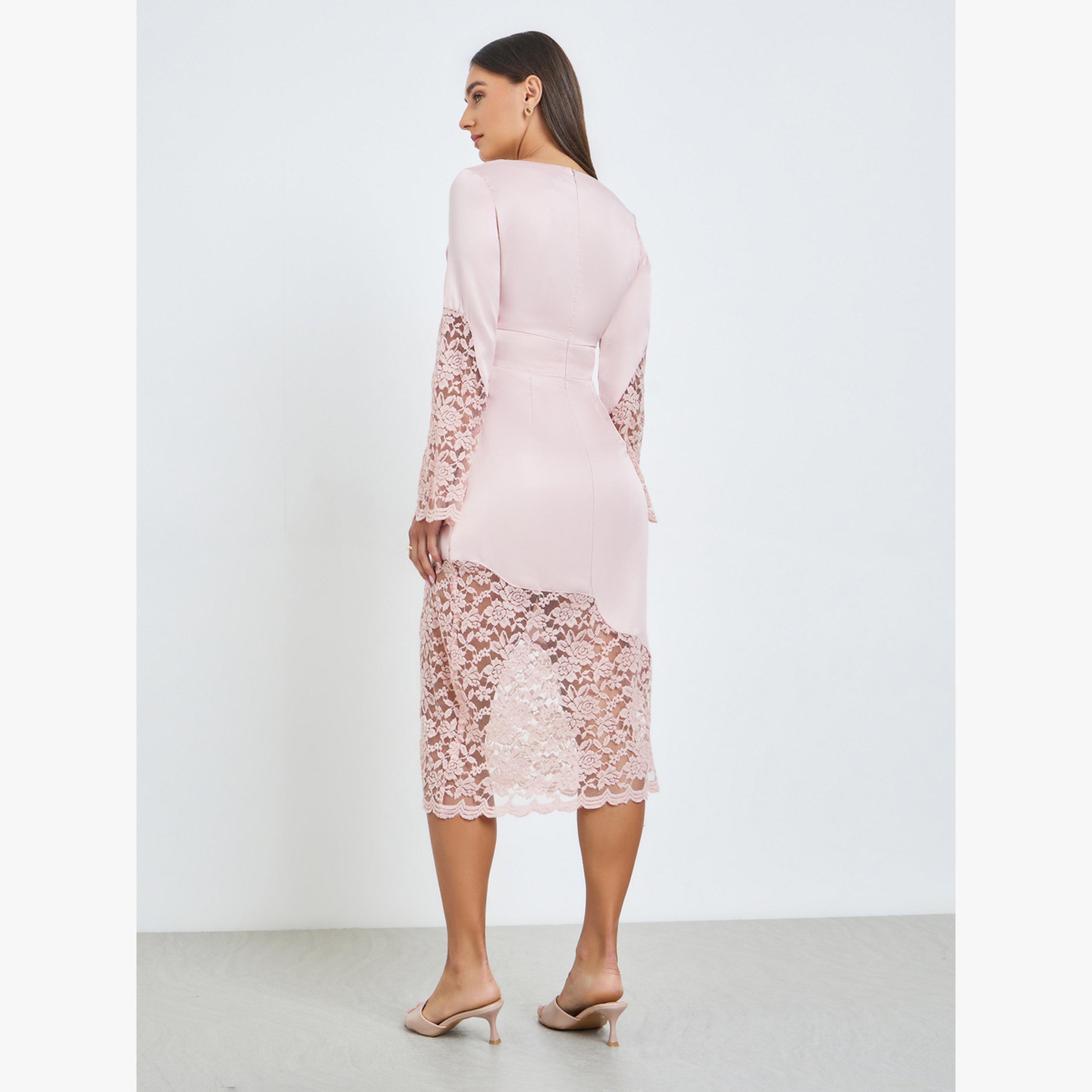 فستان ميدي شيث بتفاصيل دانتيل-women-clothing-dresses-image-4