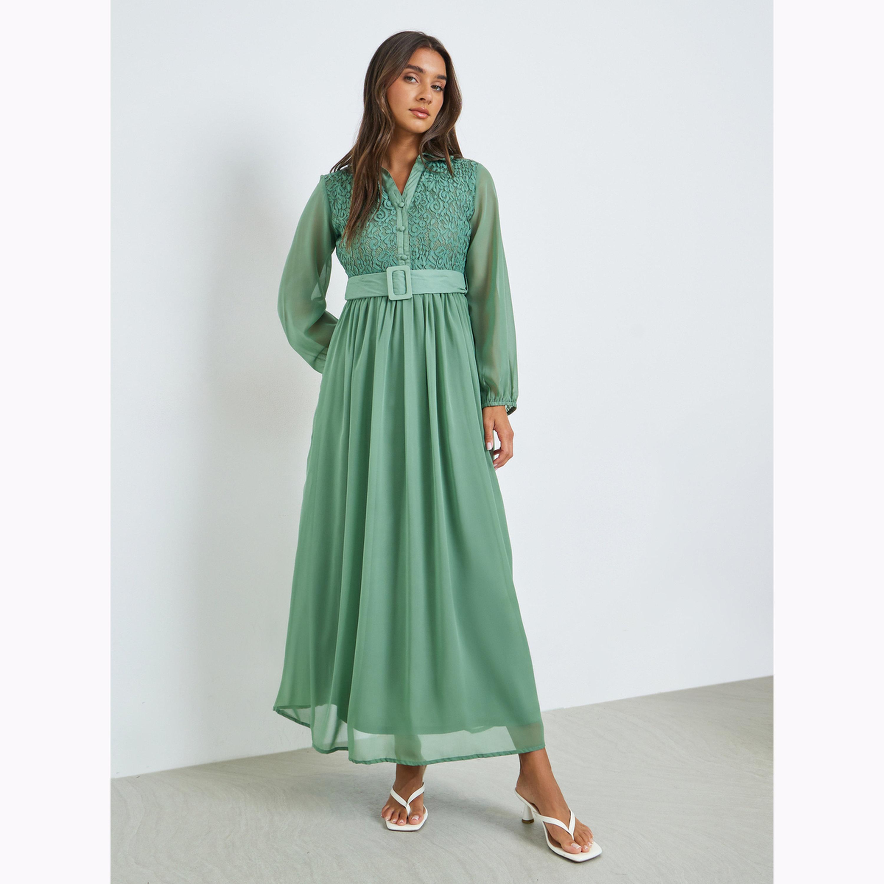 فستان طويل بحزام وتفاصيل دانتيل لون أخضر-women-clothing-dresses-image-1