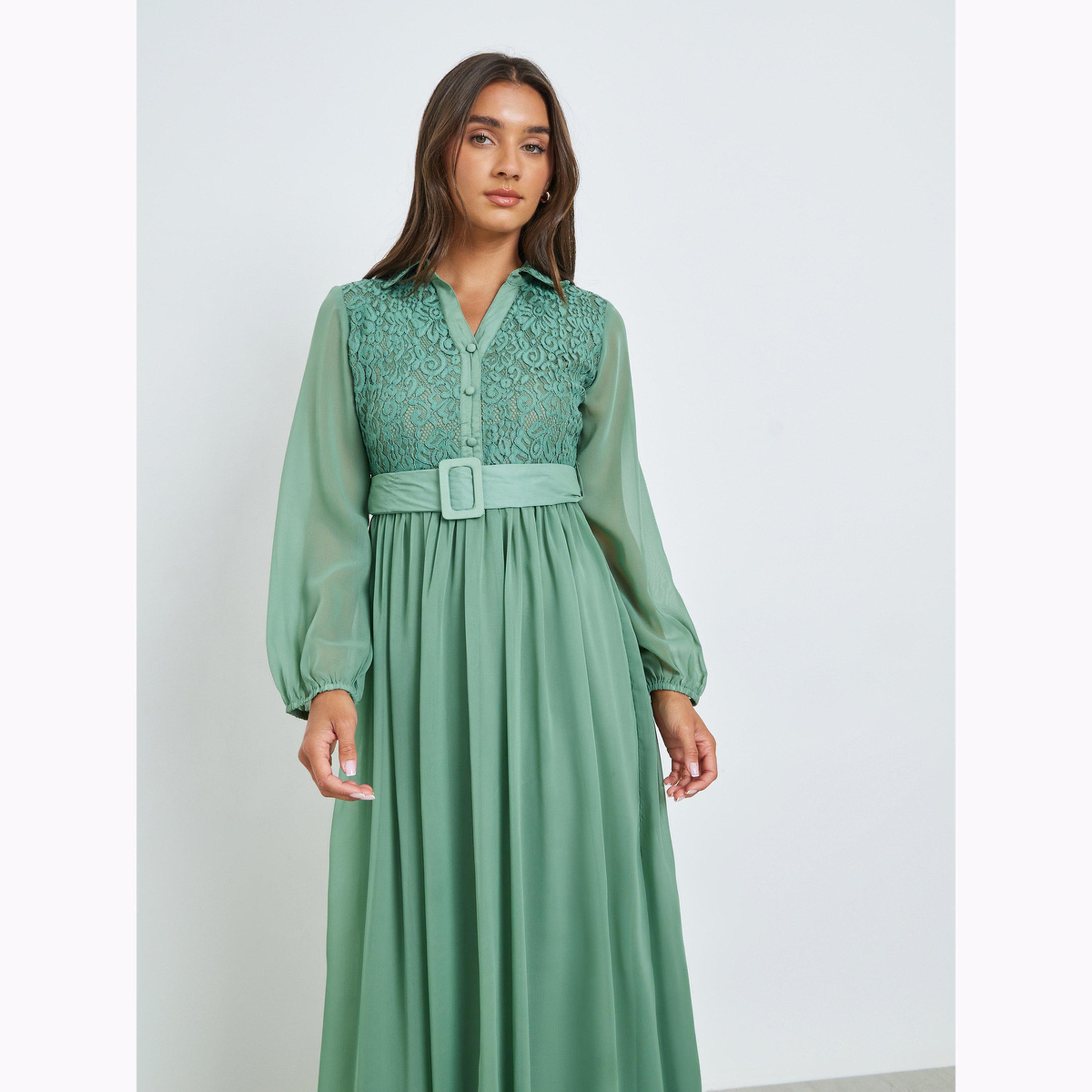 فستان طويل بحزام وتفاصيل دانتيل لون أخضر-women-clothing-dresses-image-2