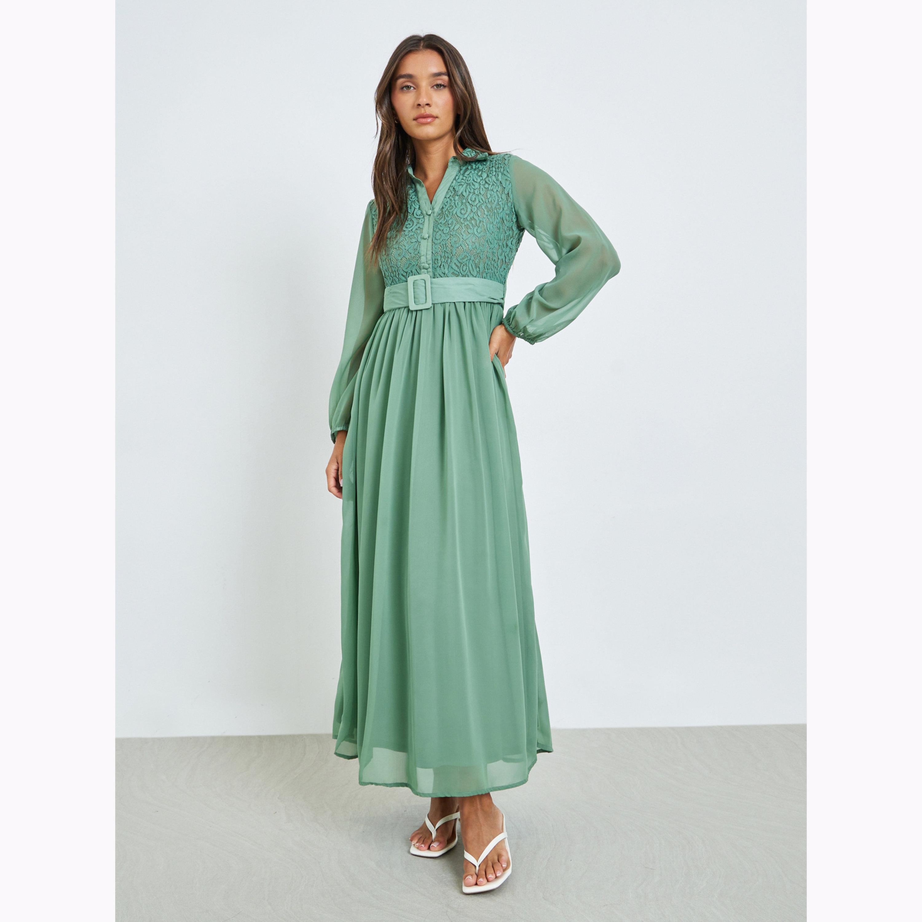 فستان طويل بحزام وتفاصيل دانتيل لون أخضر-women-clothing-dresses-image-3