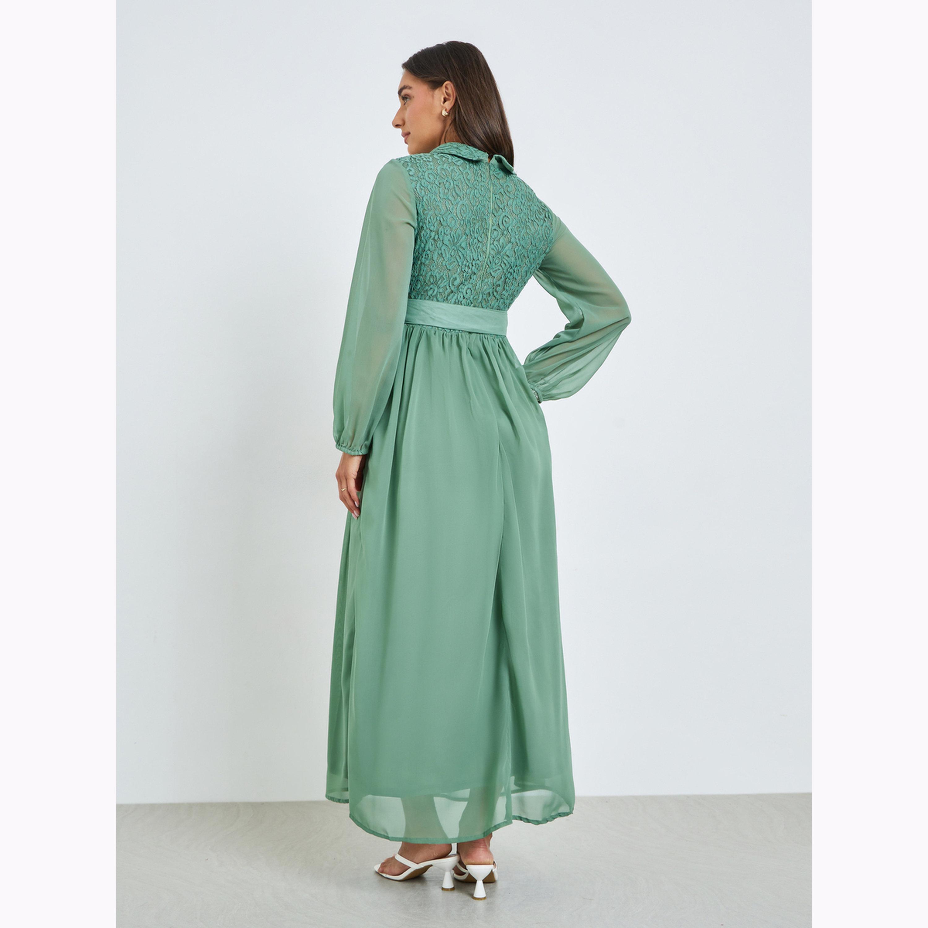 فستان طويل بحزام وتفاصيل دانتيل لون أخضر-women-clothing-dresses-image-4