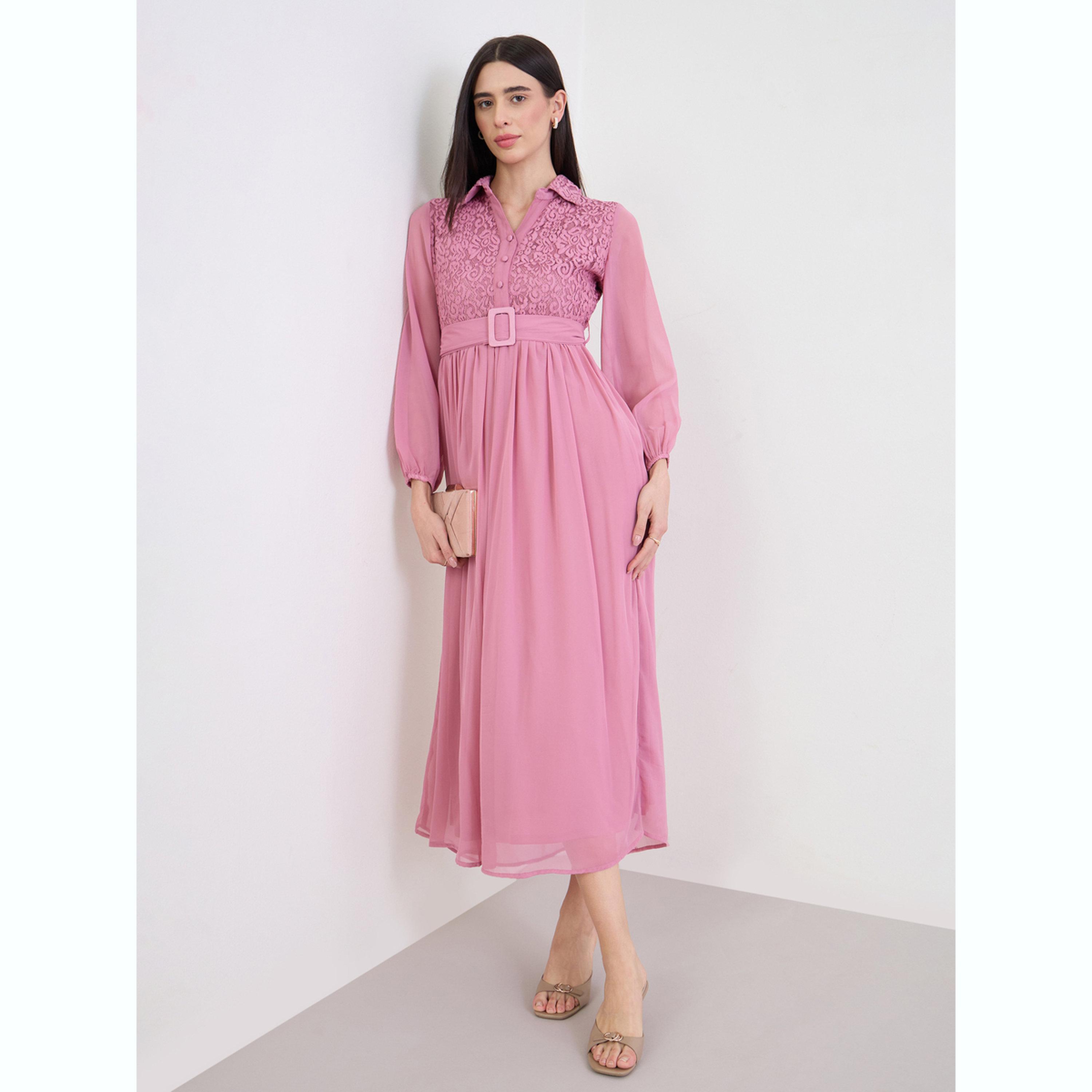 فستان طويل بحزام وتفاصيل دانتيل عند الصدر-women-clothing-dresses-image-1