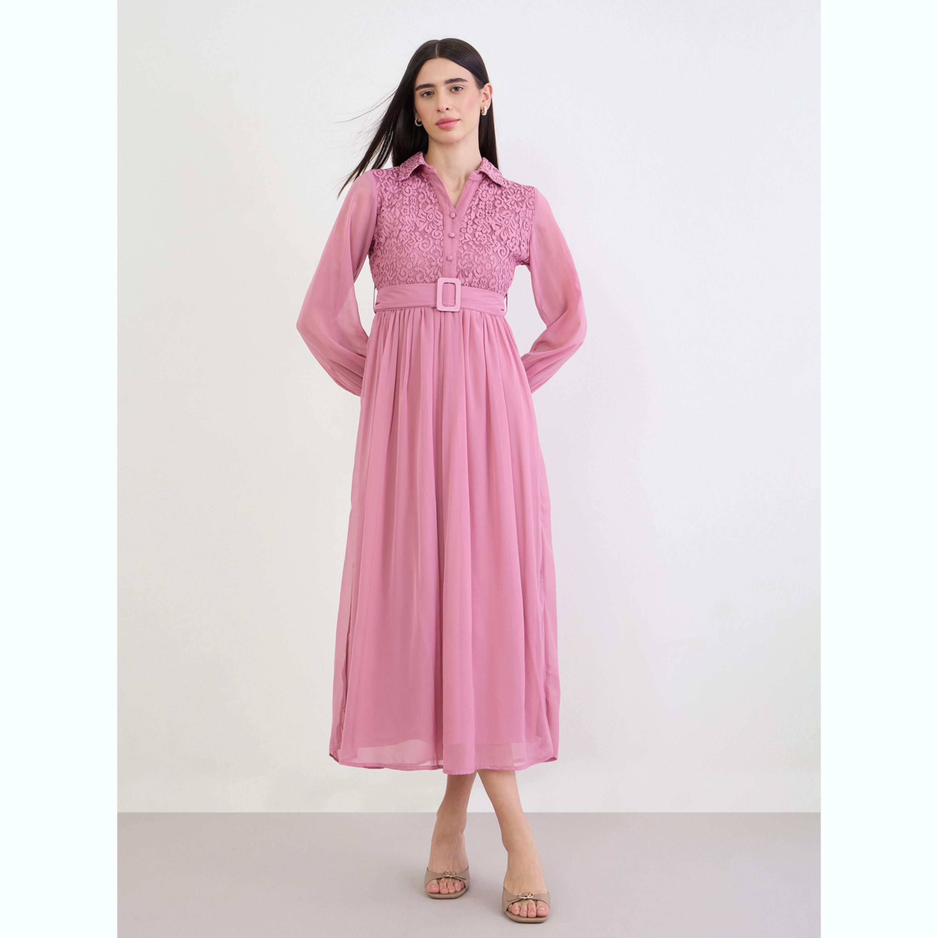 Styli Pink Lace Yoke Belted Maxi Dress-women-clothing-dresses-image-3