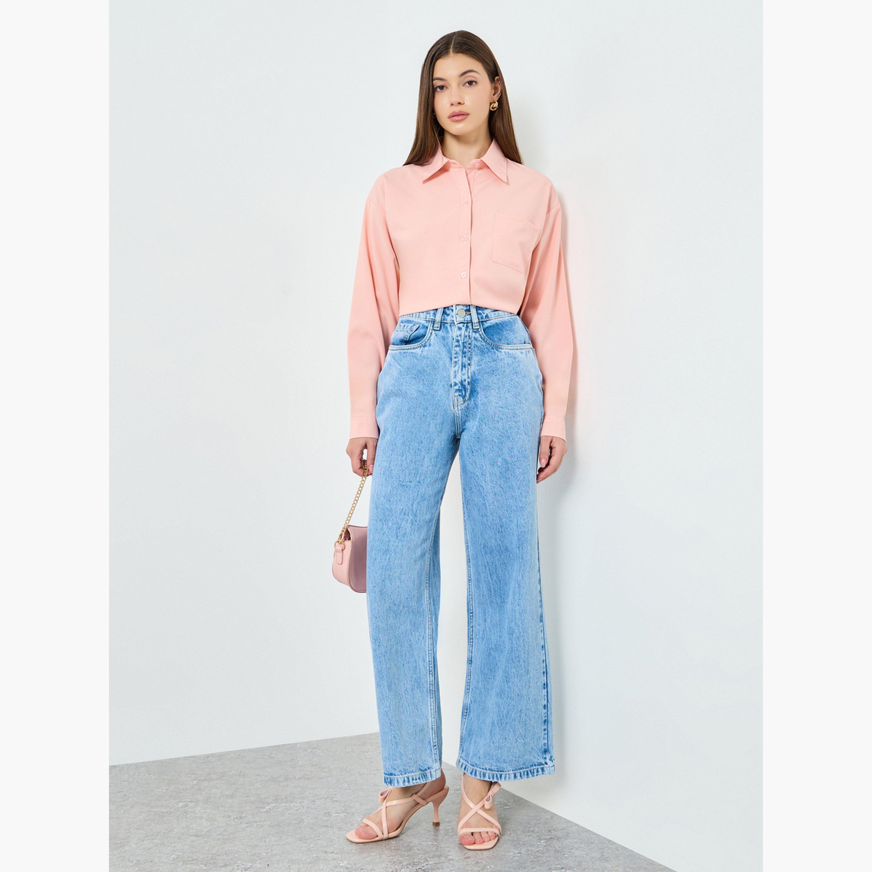 بنطال جينز بخصر مرتفع وساق واسعة أزرق-women-clothing-bottoms-jeans-image-2