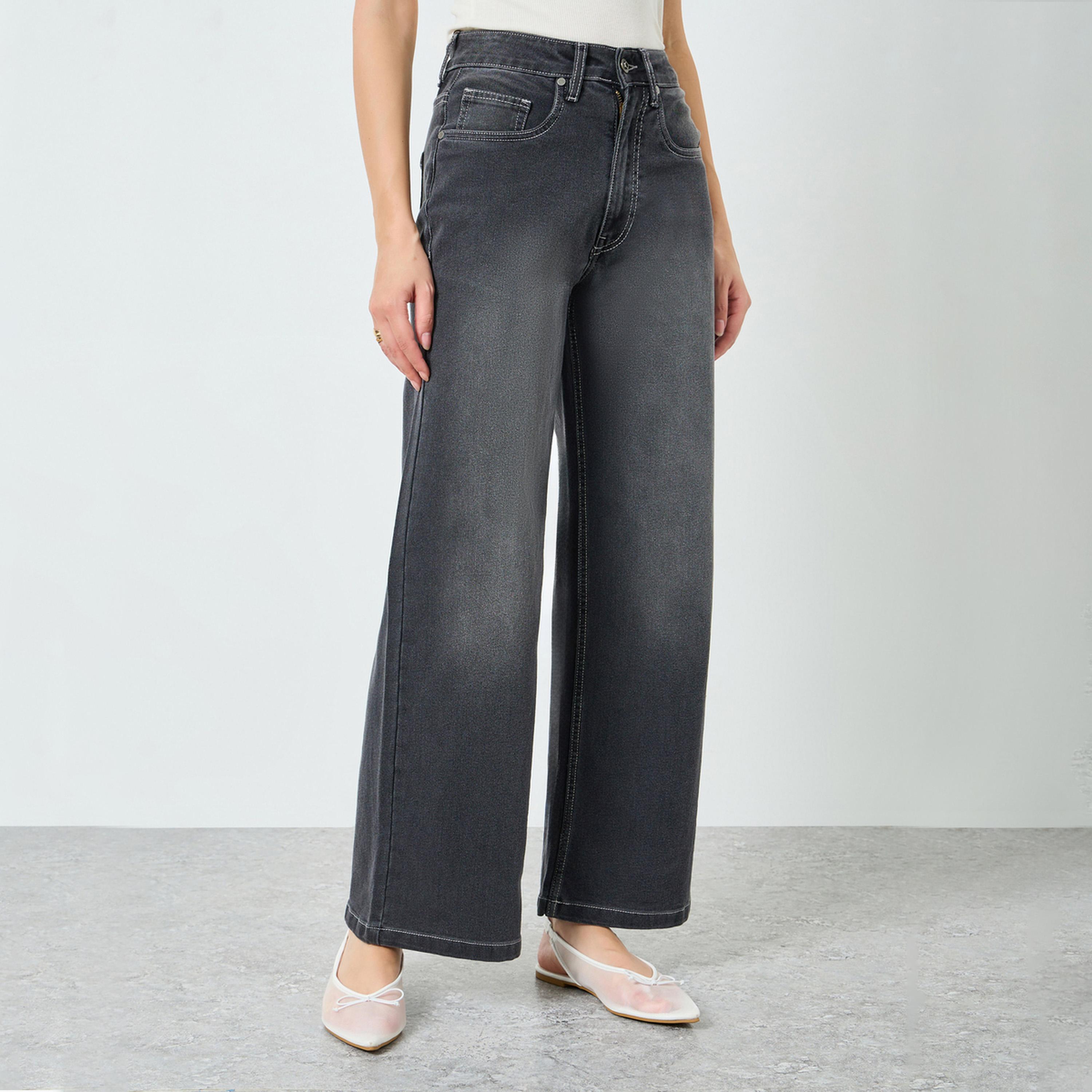 Styli Women Grey Wide Leg Faded Jeans-women-clothing-bottoms-jeans-image-1
