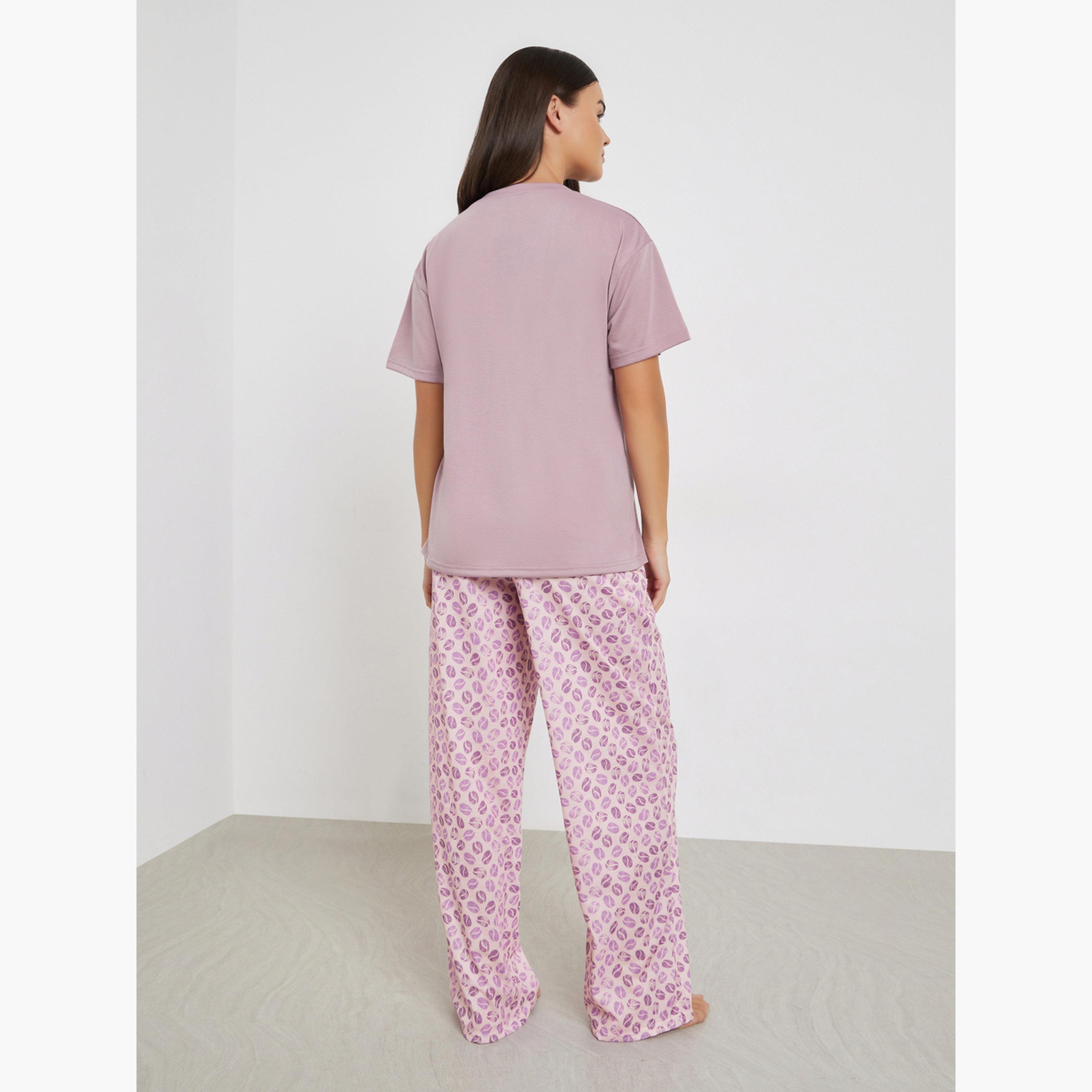 Styli Espresso Slogan Print Dropped Shoulder T-Shirt and Pyjama Set-women-clothing-nightwear-pyjamas-longsets-image-4