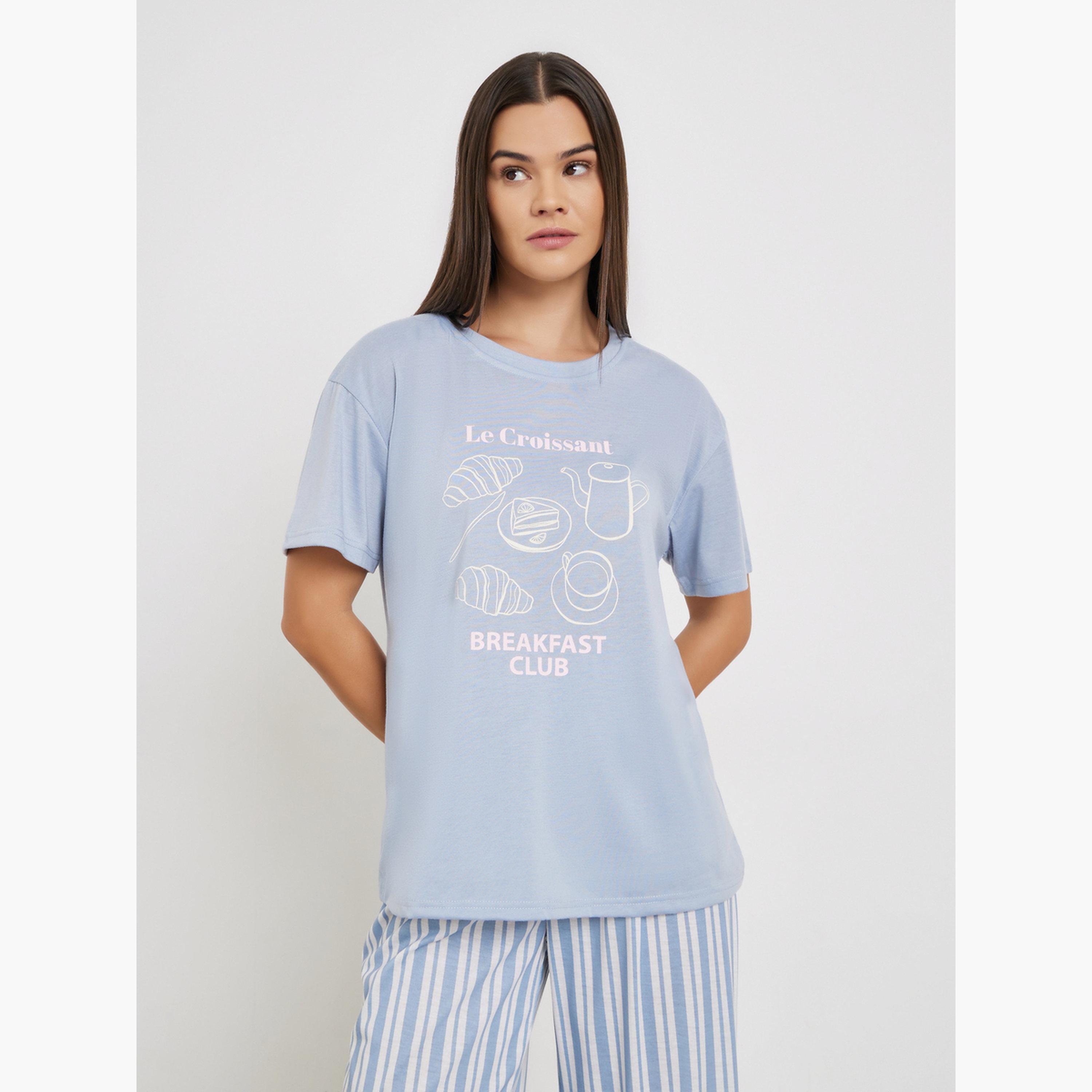 Styli Graphic Print Dropped Shoulder T-Shirt and Pyjama Set-women-clothing-nightwear-pyjamas-longsets-image-2