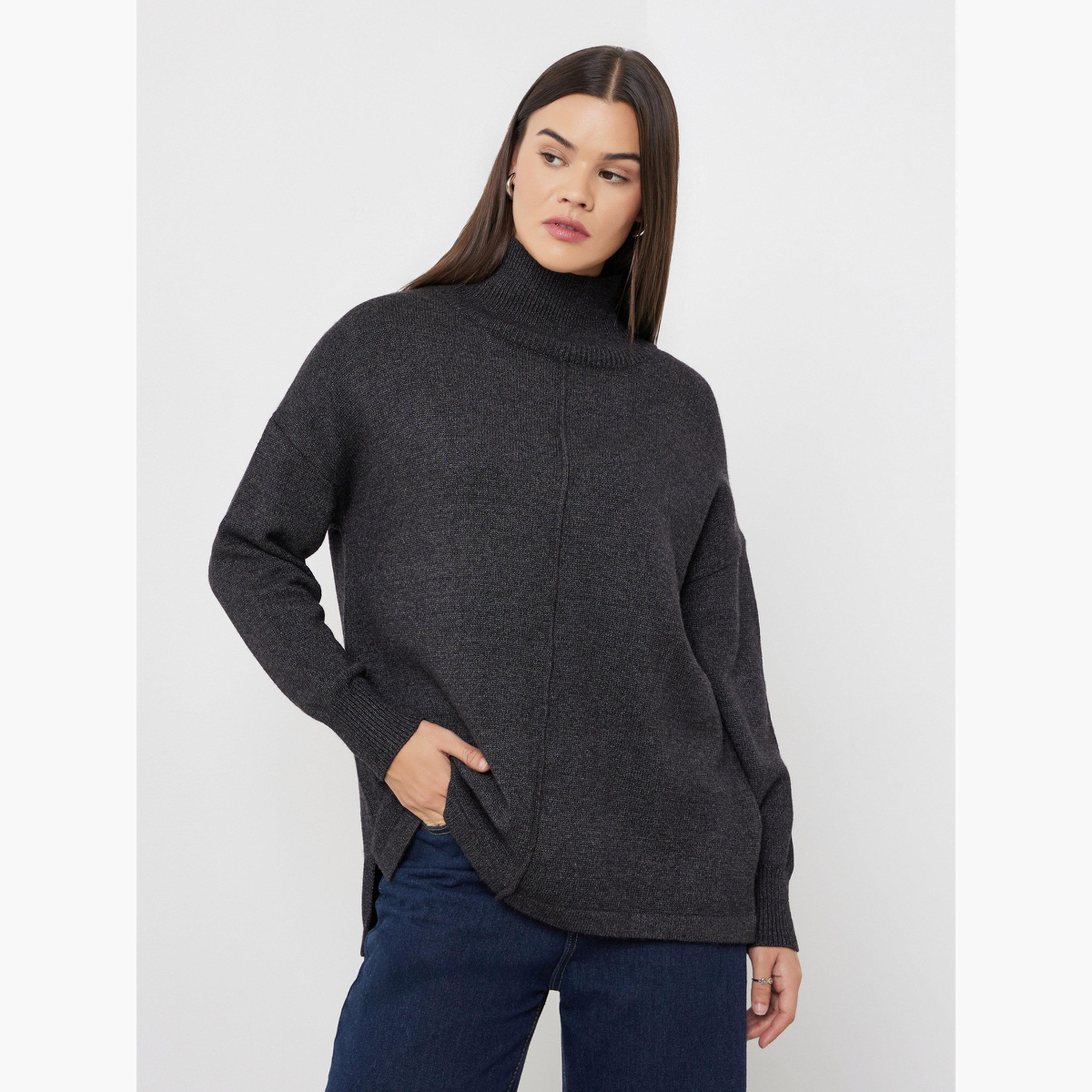 ستايلي - بلوزة محبوكة مريحة برقبة عالية لون أسود-women-clothing-tshirts-image-1