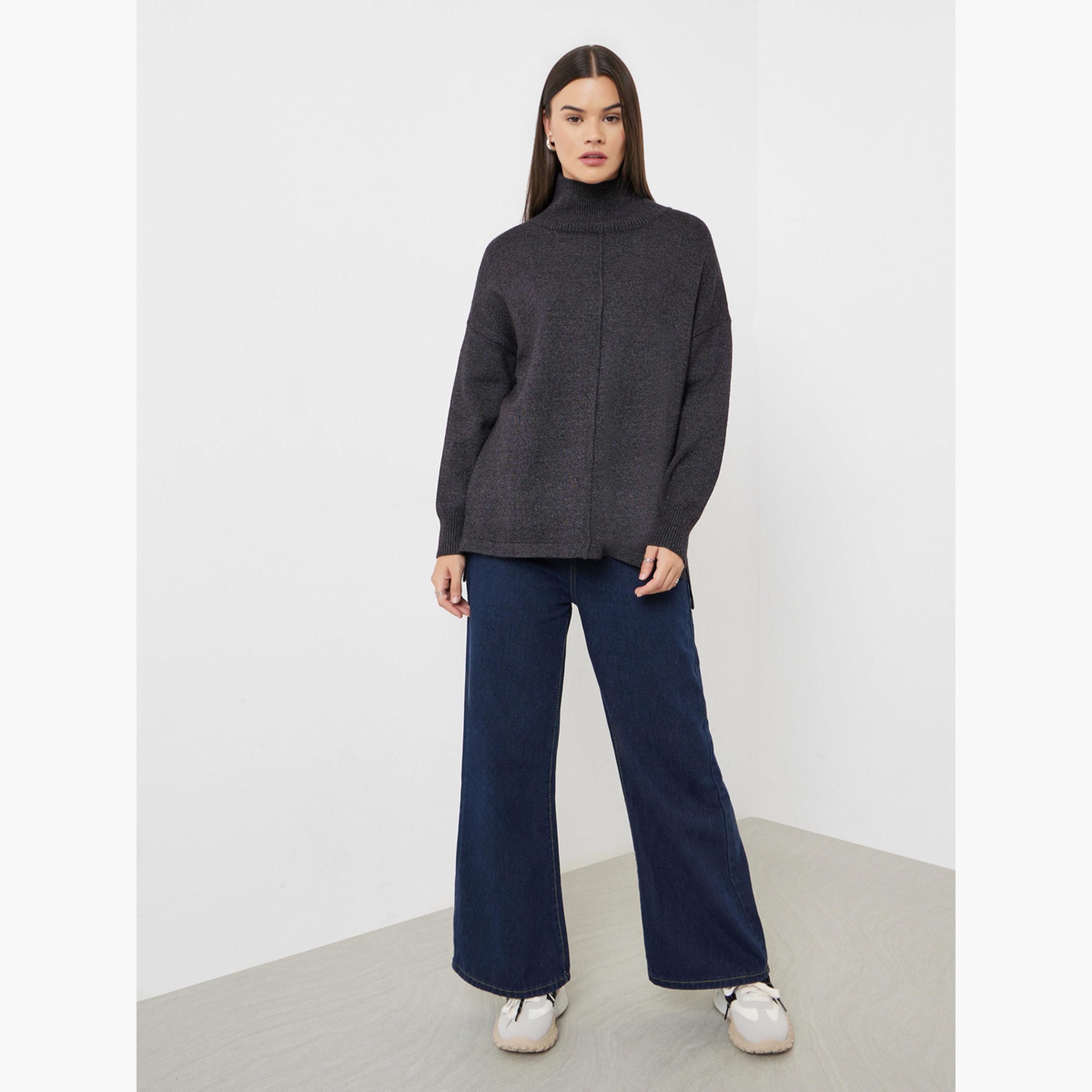 Styli Black Turtle Neck Relaxed Fit Knit Top-women-clothing-tshirts-image-2