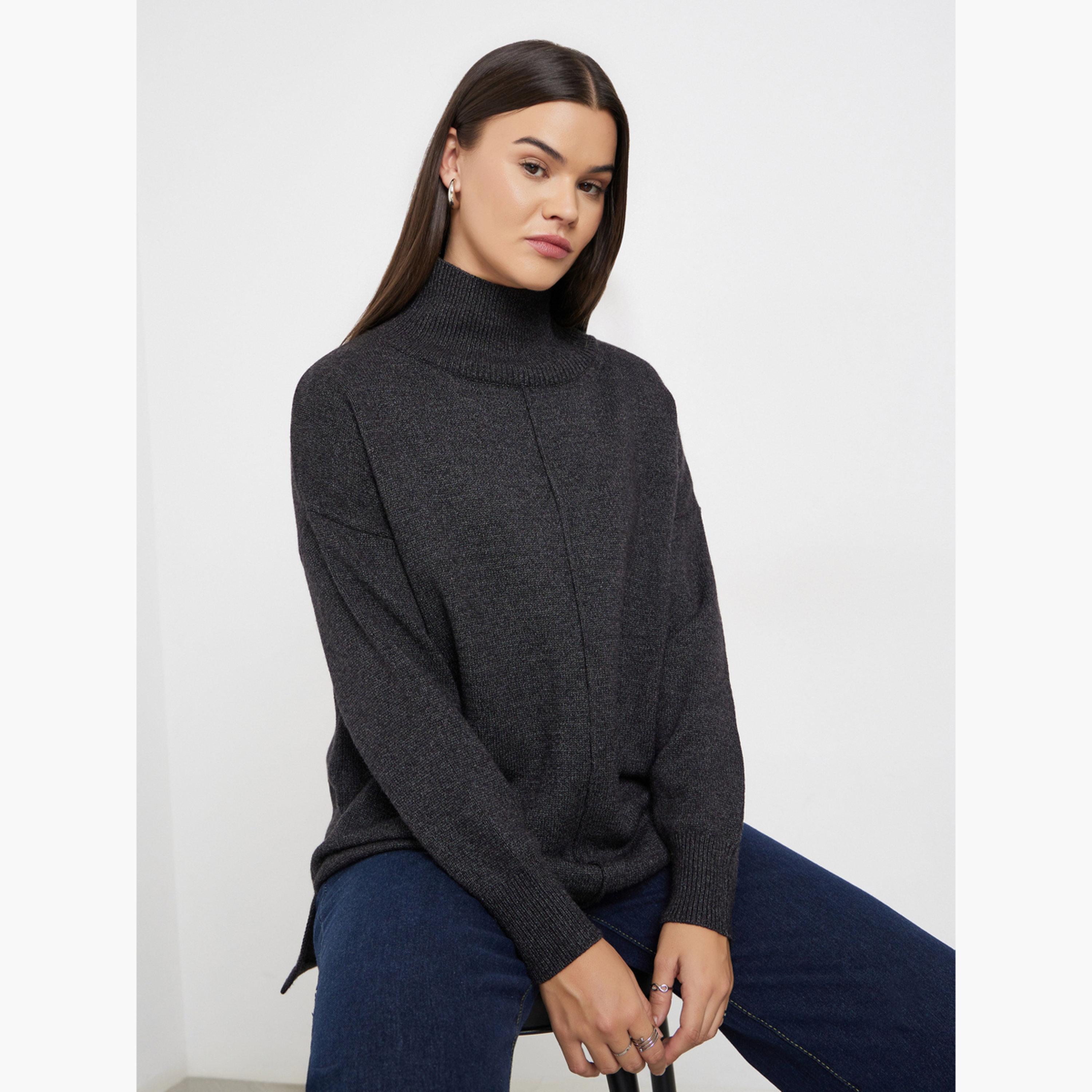 Styli Black Turtle Neck Relaxed Fit Knit Top-women-clothing-tshirts-image-3