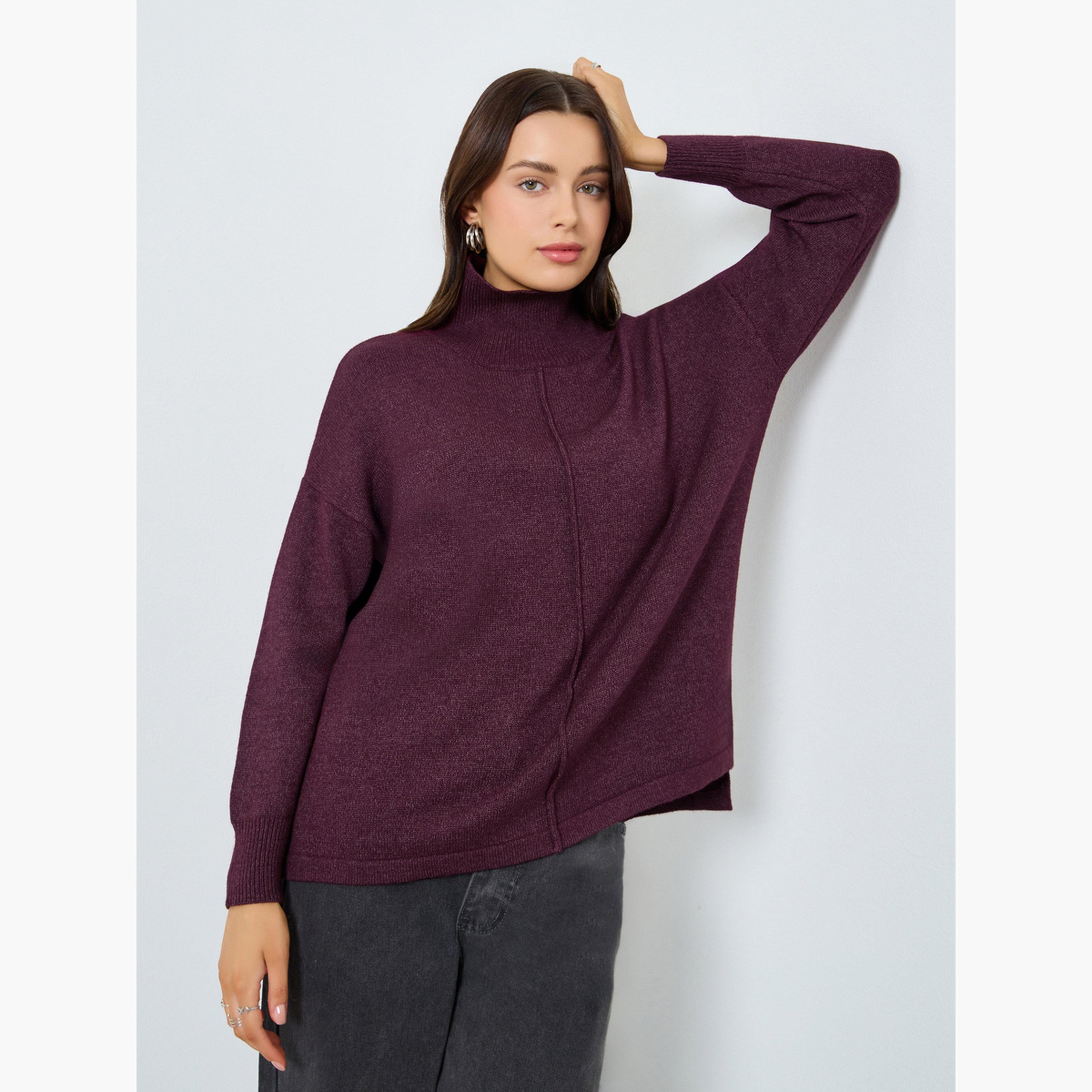 Styli Burgundy Turtle Neck Relaxed Fit Knit Top-women-clothing-tshirts-image-1