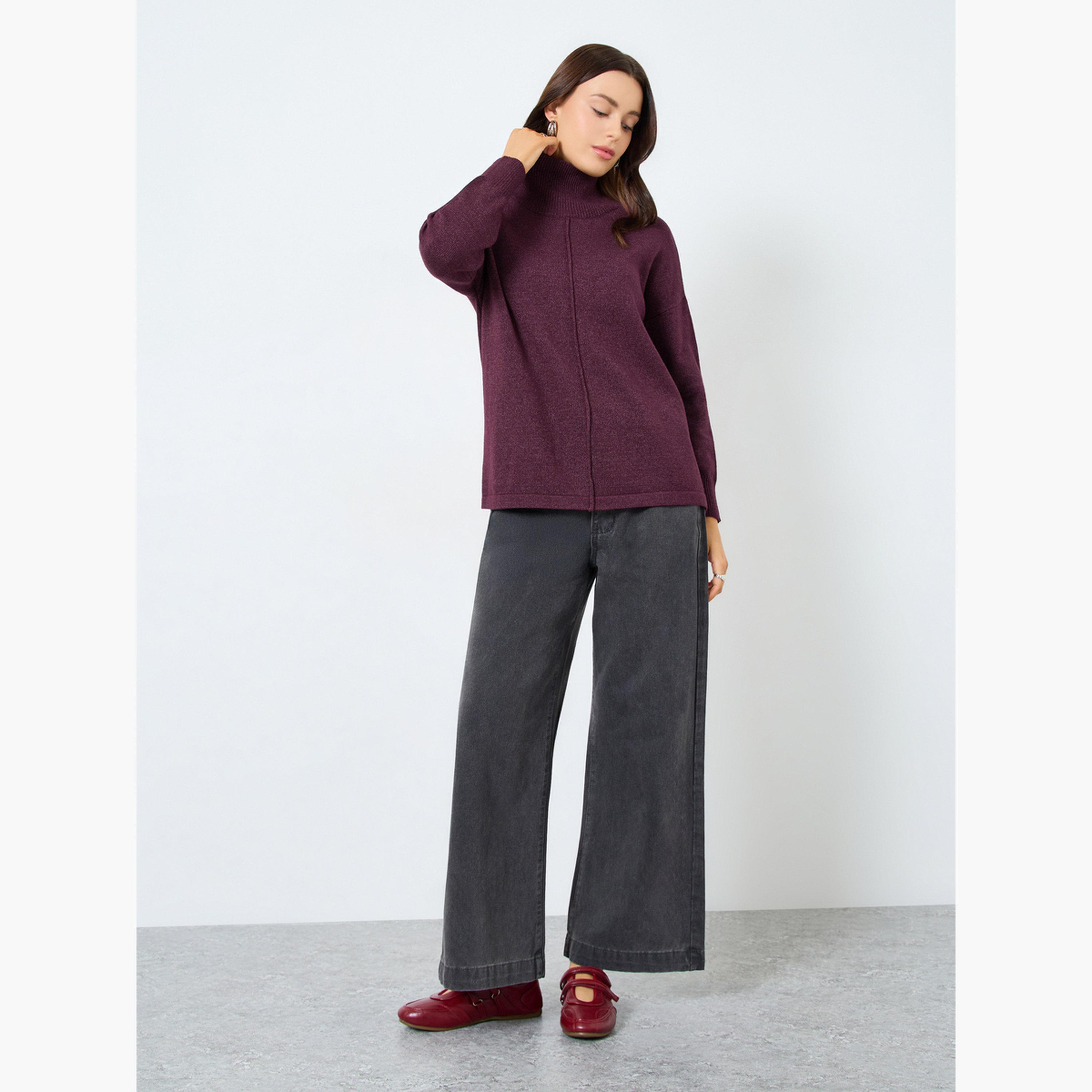Styli Burgundy Turtle Neck Relaxed Fit Knit Top-women-clothing-tshirts-image-2
