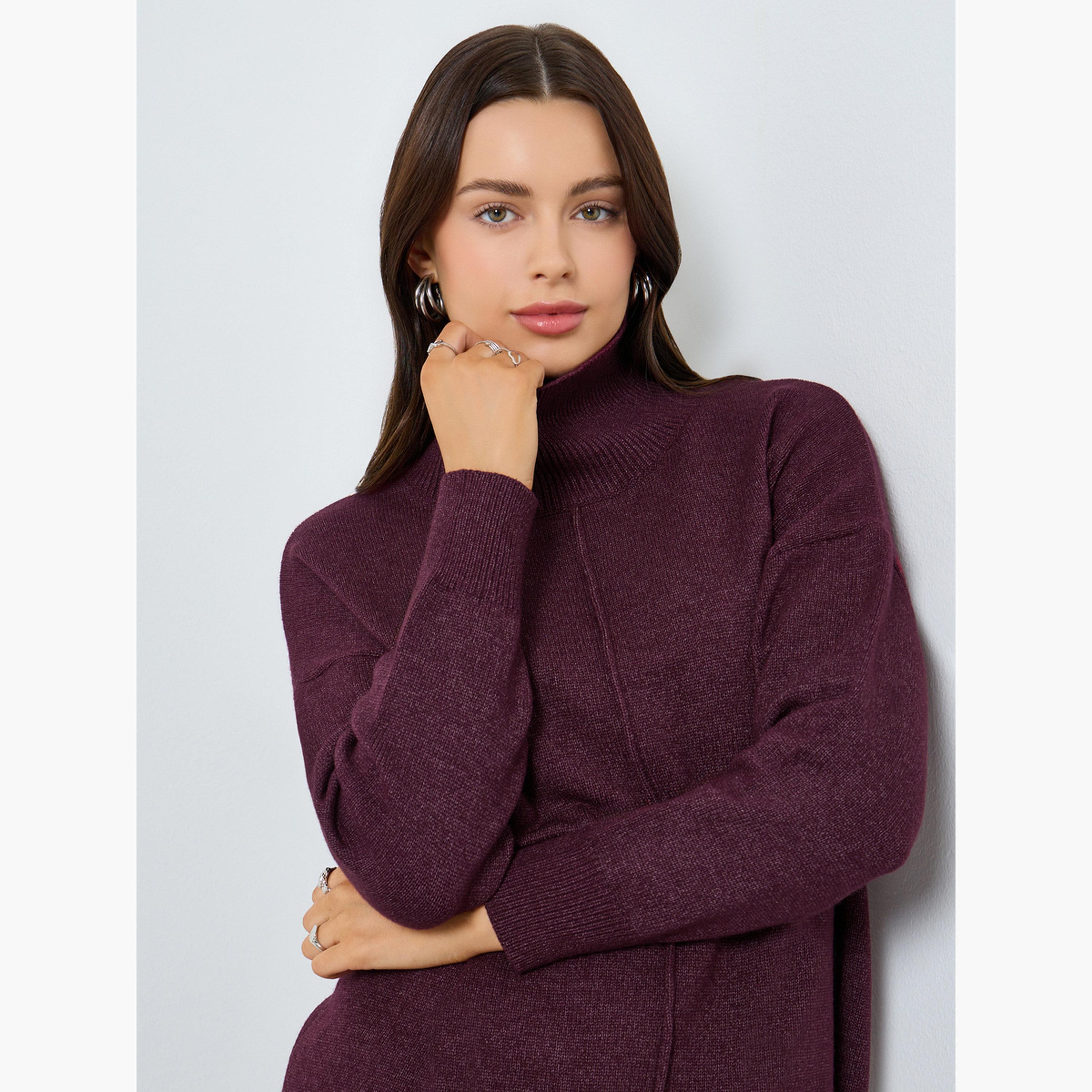 ستايلي - بلوزة محبوكة مريحة برقبة عالية لون برغندي-women-clothing-tshirts-image-3