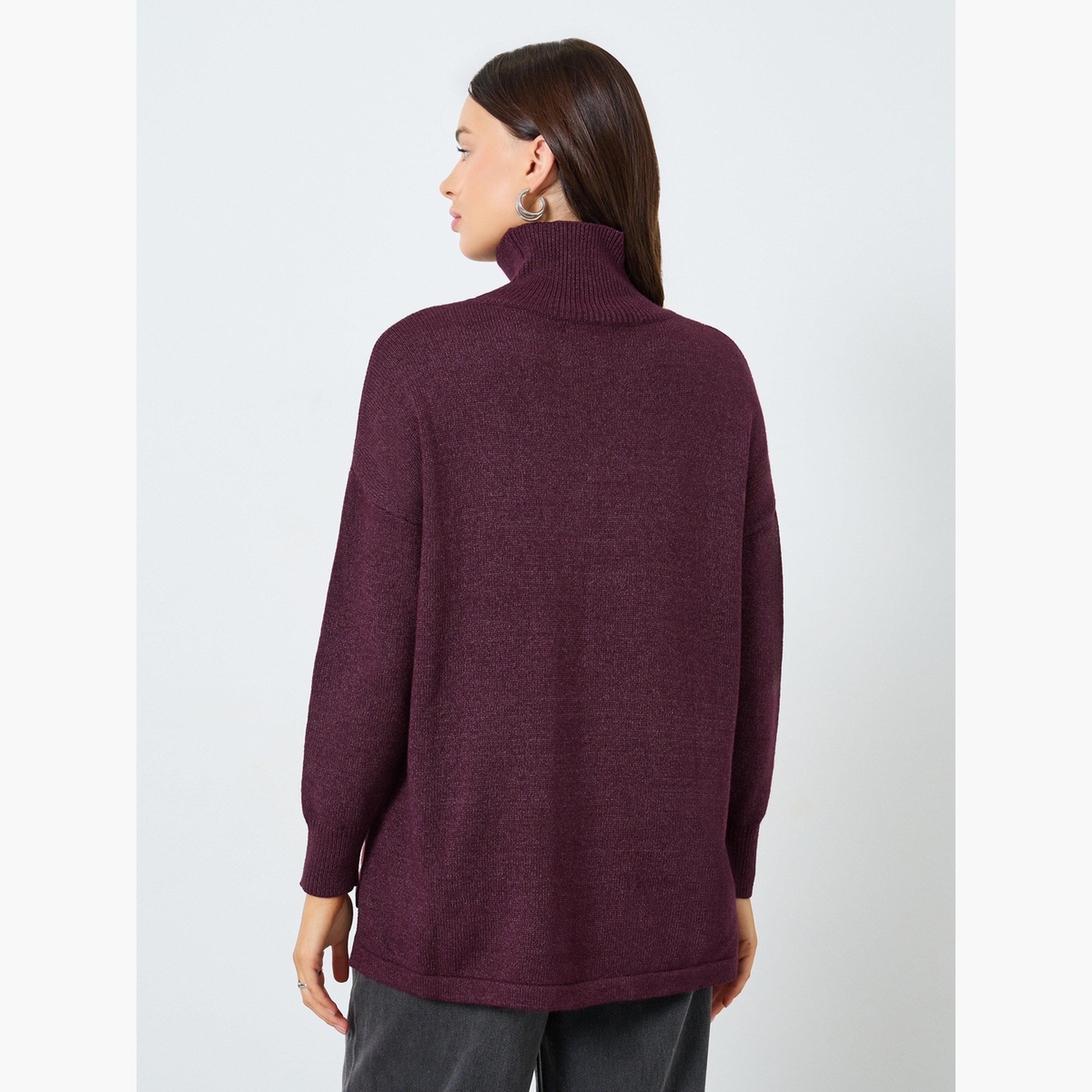 Styli Burgundy Turtle Neck Relaxed Fit Knit Top-women-clothing-tshirts-image-5