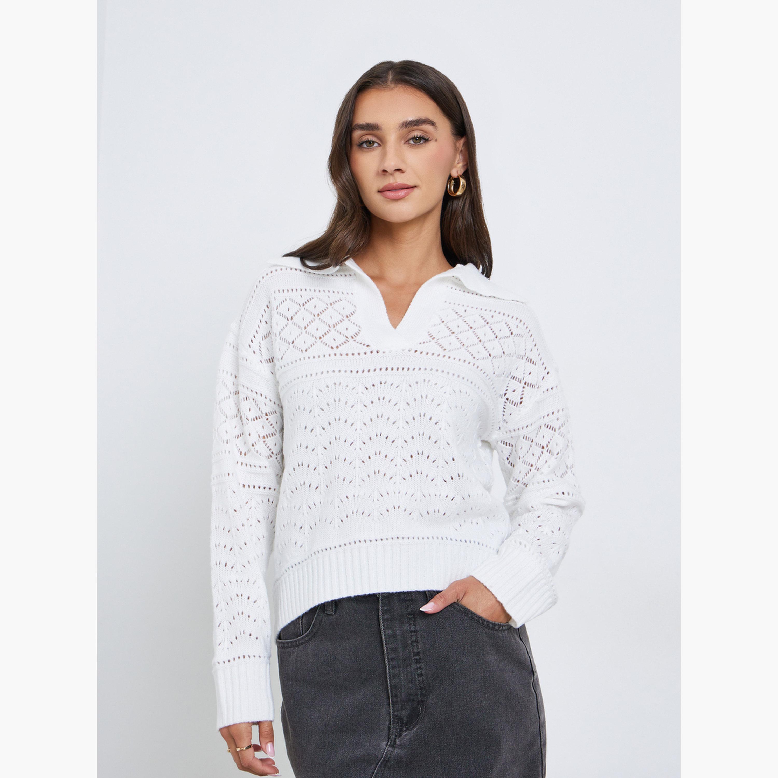 ستايلي - بلوزة بيضاء محبوكة بأكمام طويلة-women-clothing-shirtsandblouses-blouses-image-1