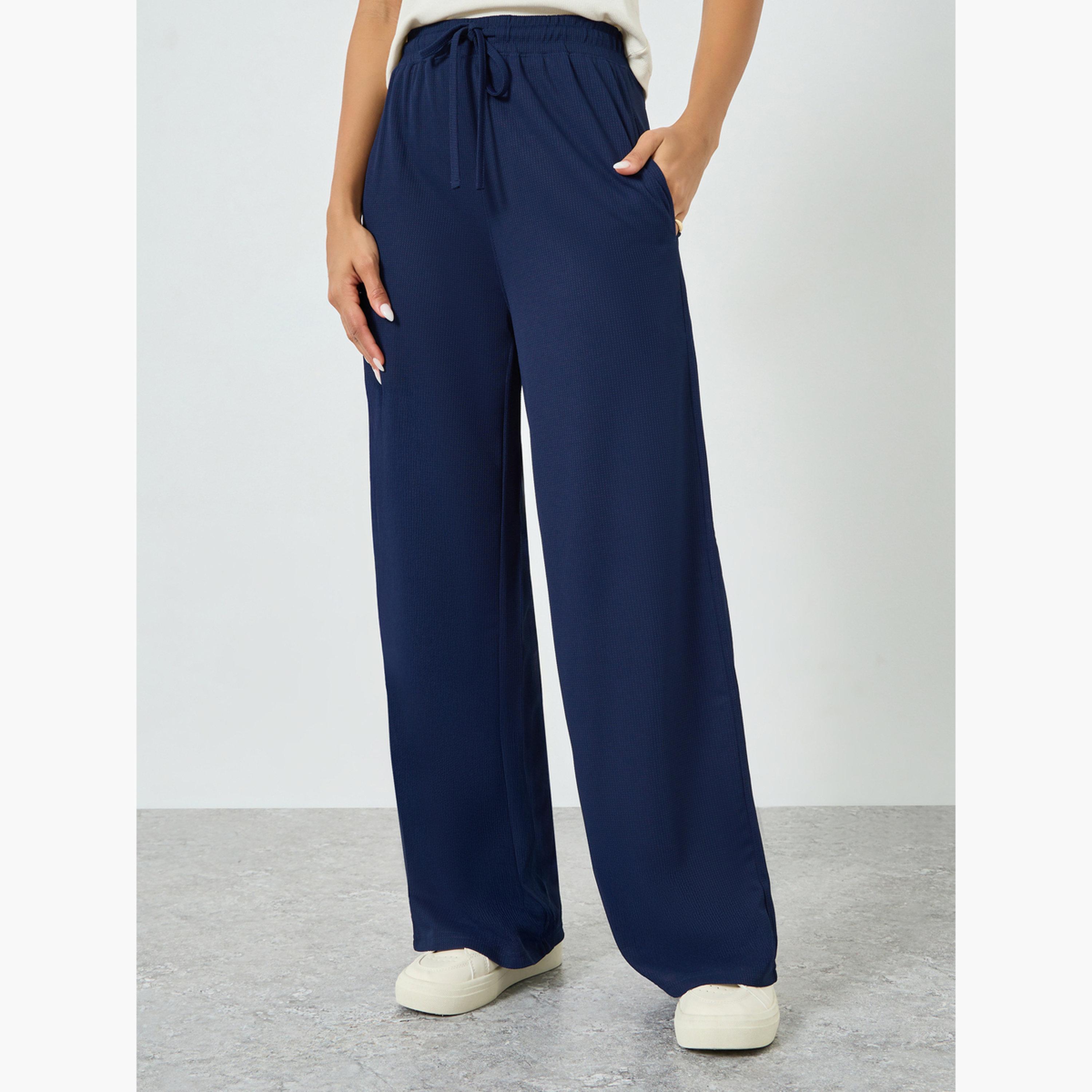 Styli Navy Blue Wide Leg Joggers with Drawstring-women-clothing-bottoms-joggers-image-1