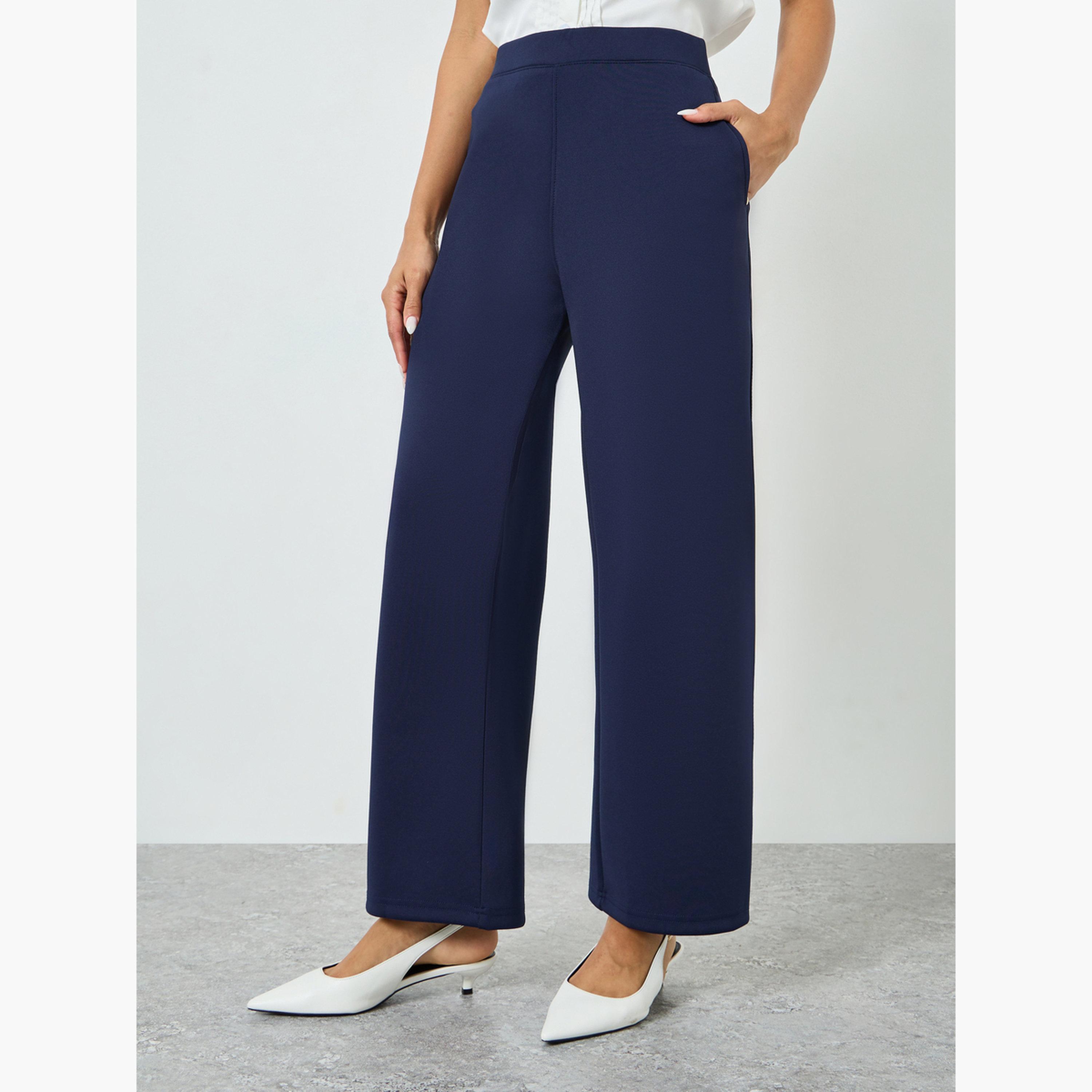 Styli Navy Blue Straight Fit Scuba Pants-women-clothing-bottoms-trousers-image-1