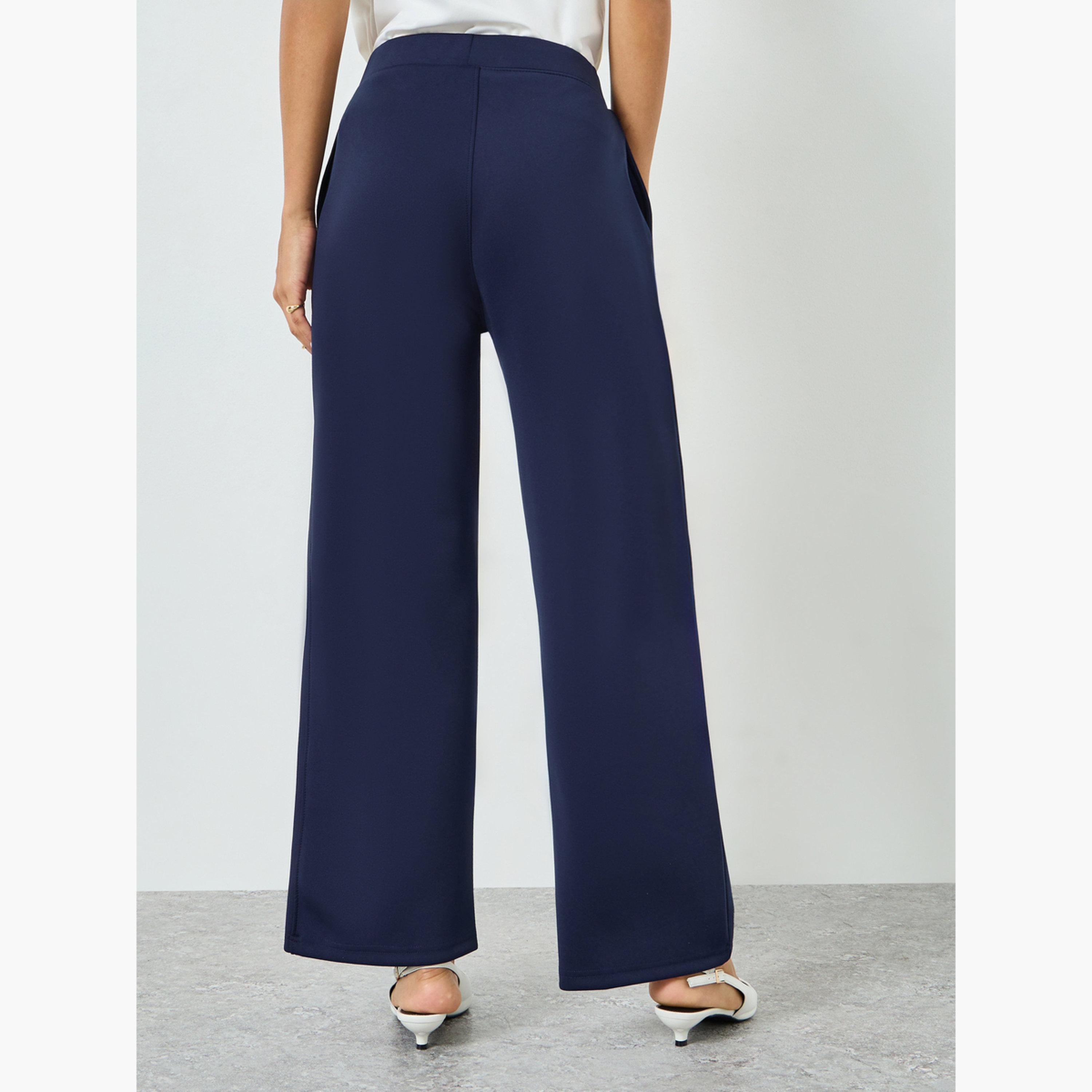 Styli Navy Blue Straight Fit Scuba Pants-women-clothing-bottoms-trousers-image-3