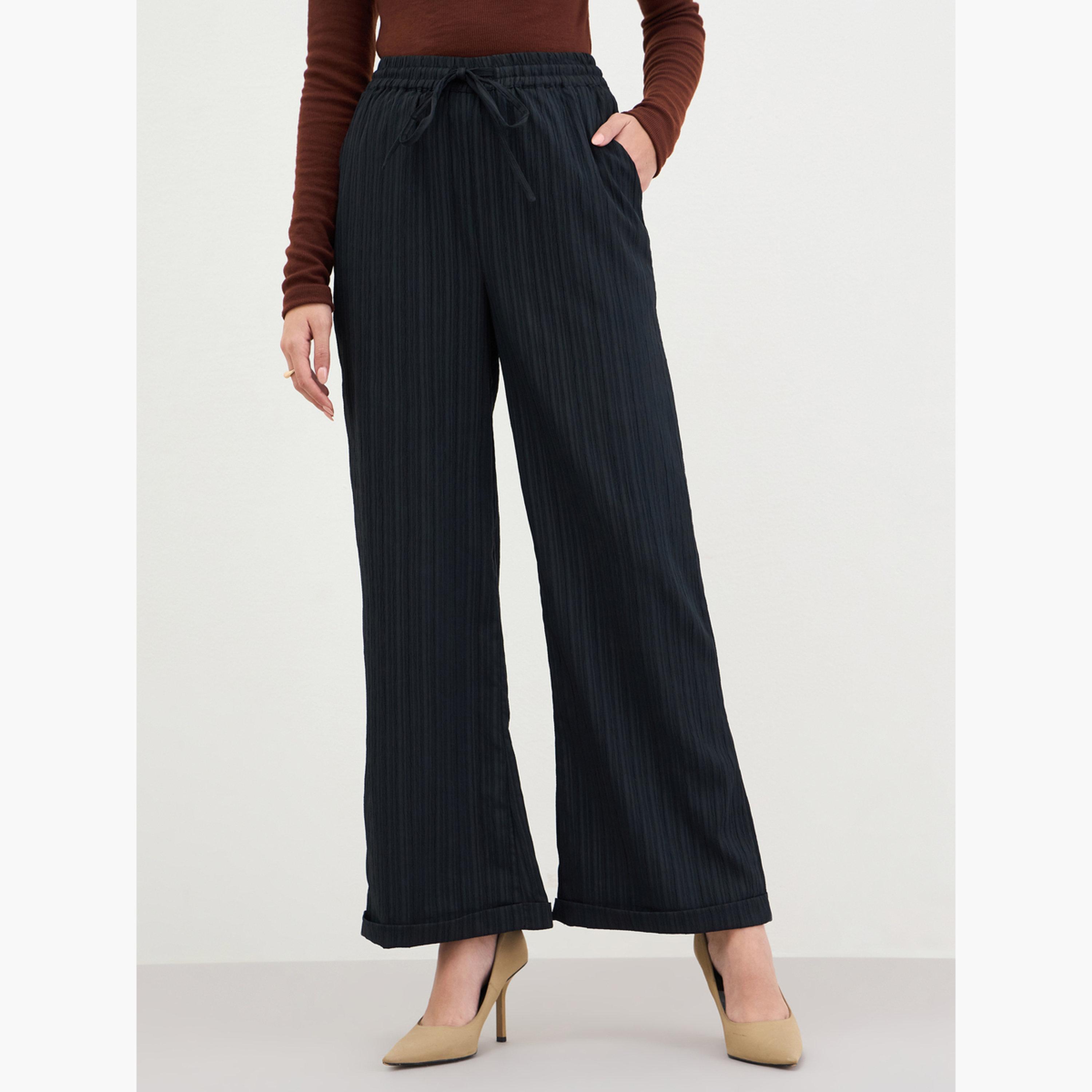 Styli Women Black Pinstripe Wide Leg Trousers-women-clothing-bottoms-trousers-image-1