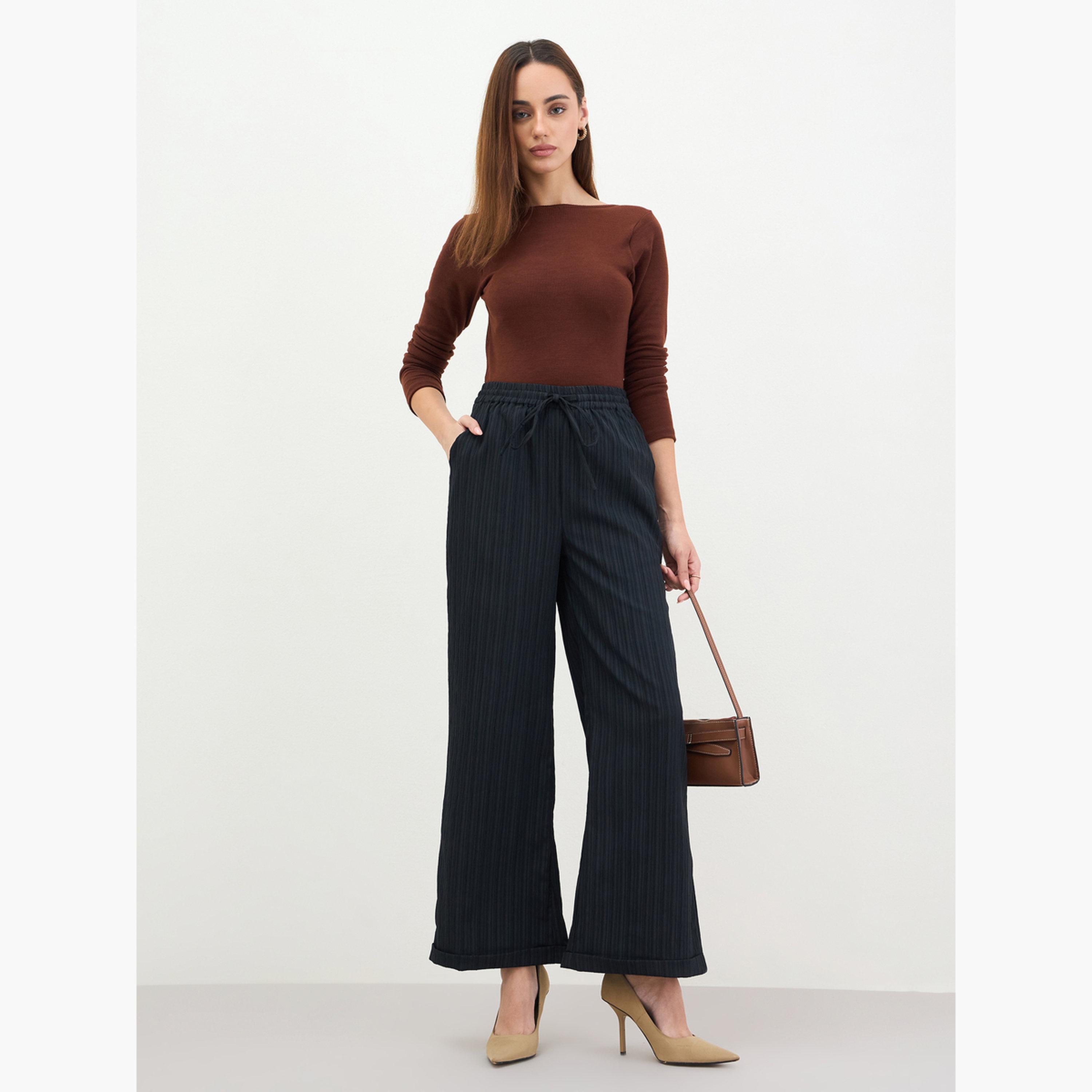 Styli Women Black Pinstripe Wide Leg Trousers-women-clothing-bottoms-trousers-image-2