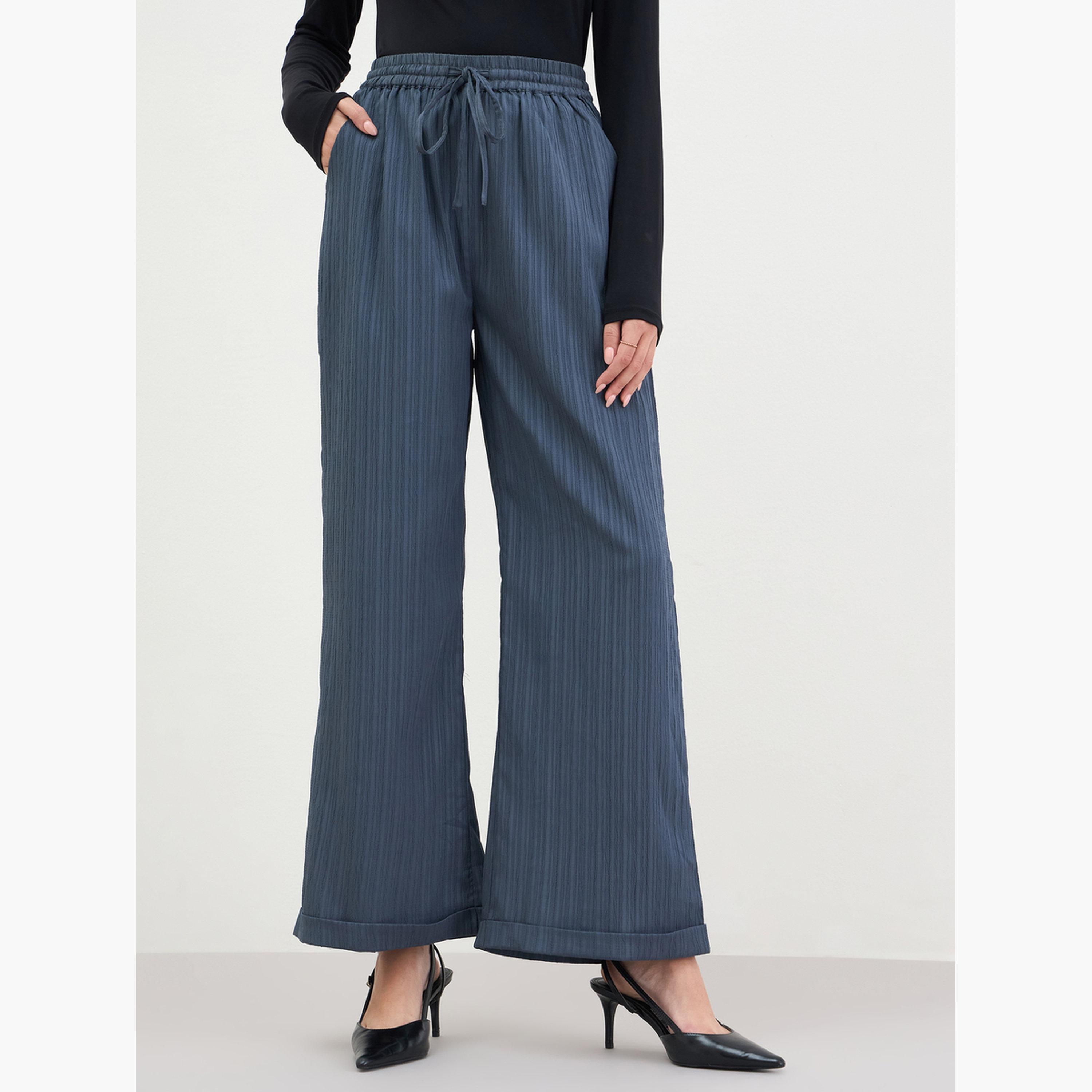 Styli Women Grey Textured Wide Leg Trousers-women-clothing-bottoms-trousers-image-1
