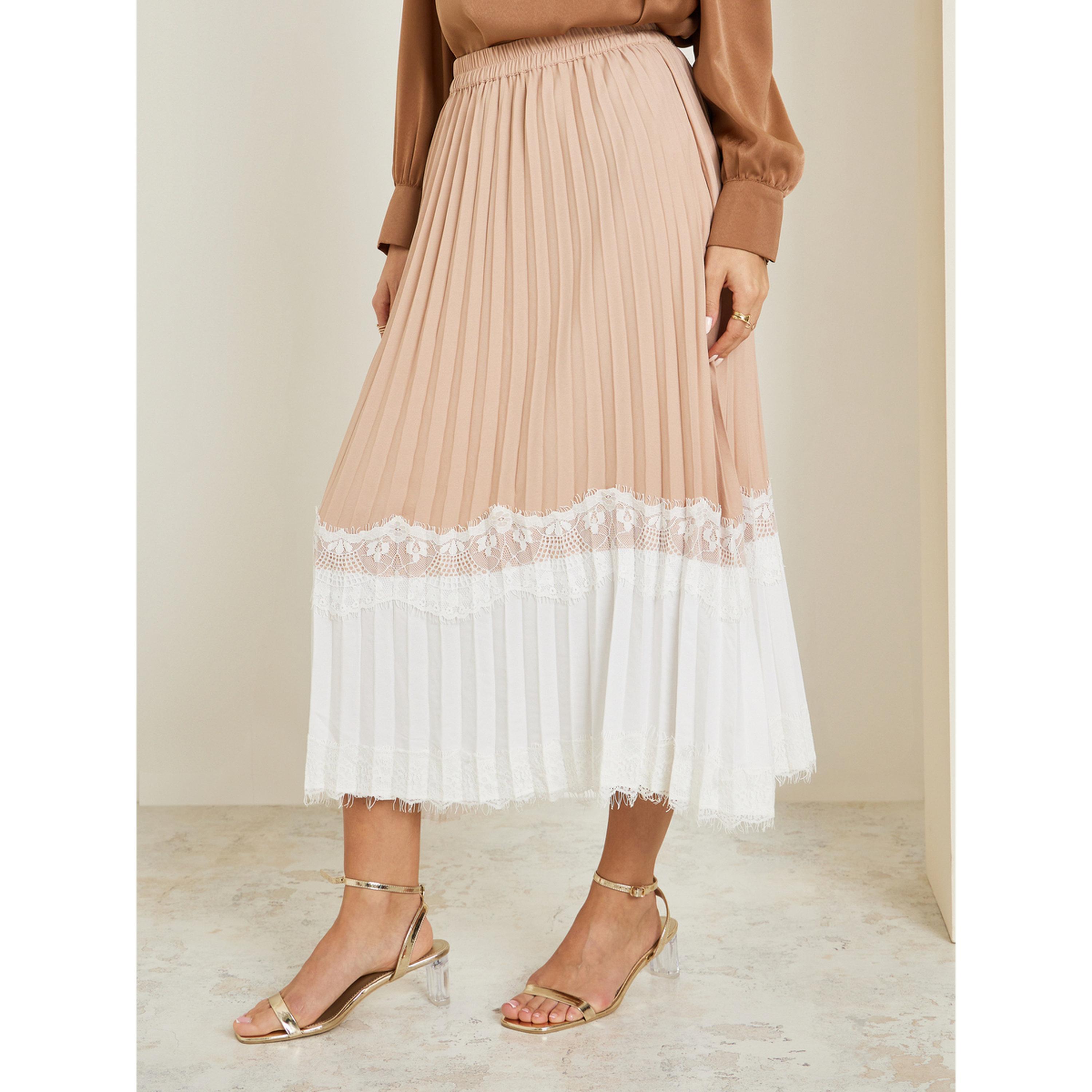 تنورة ميدي بكسرات وحواف دانتيل-women-clothing-bottoms-skirts-image-1