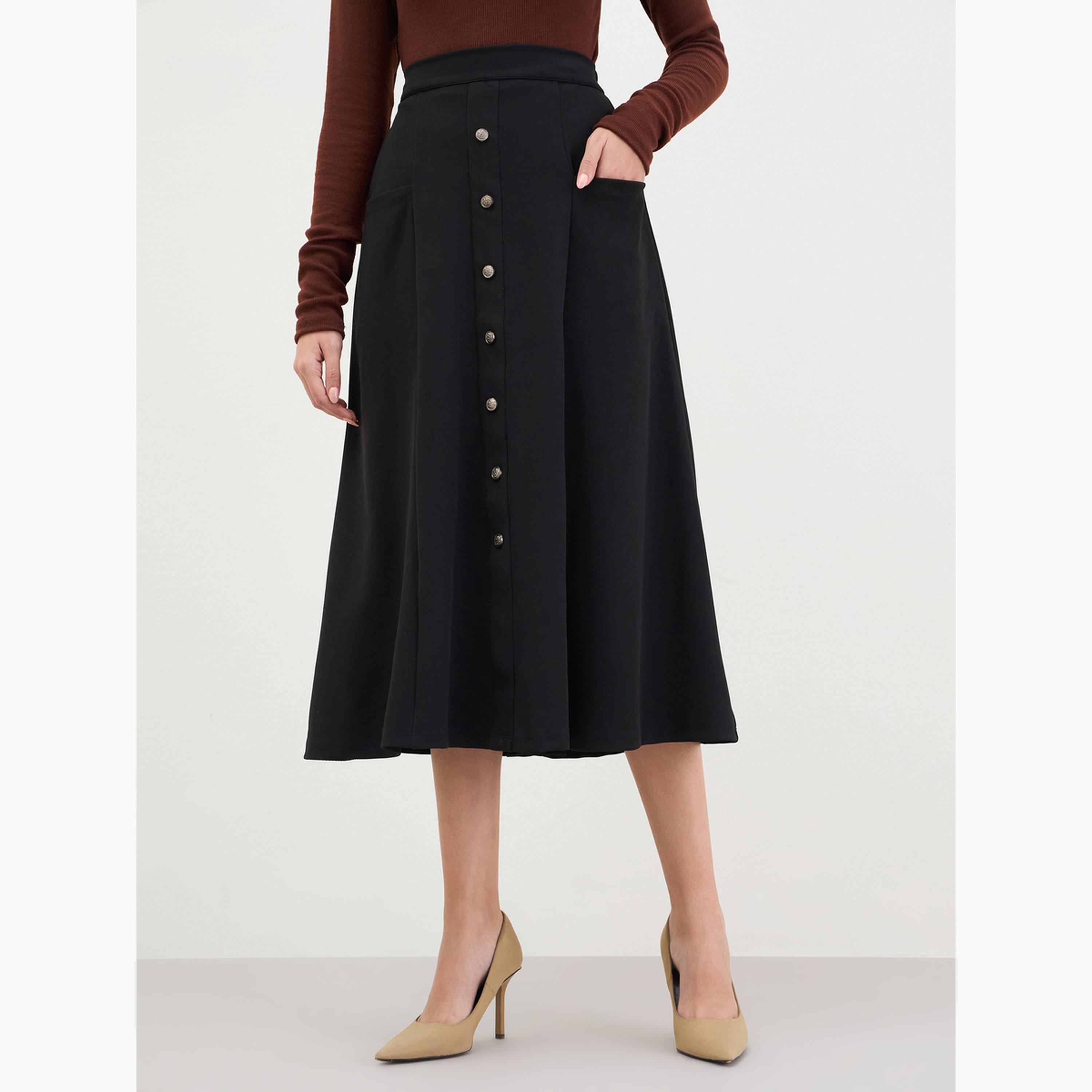 Styli Women Black Buttoned A-Line Midi Skirt-women-clothing-bottoms-skirts-image-1