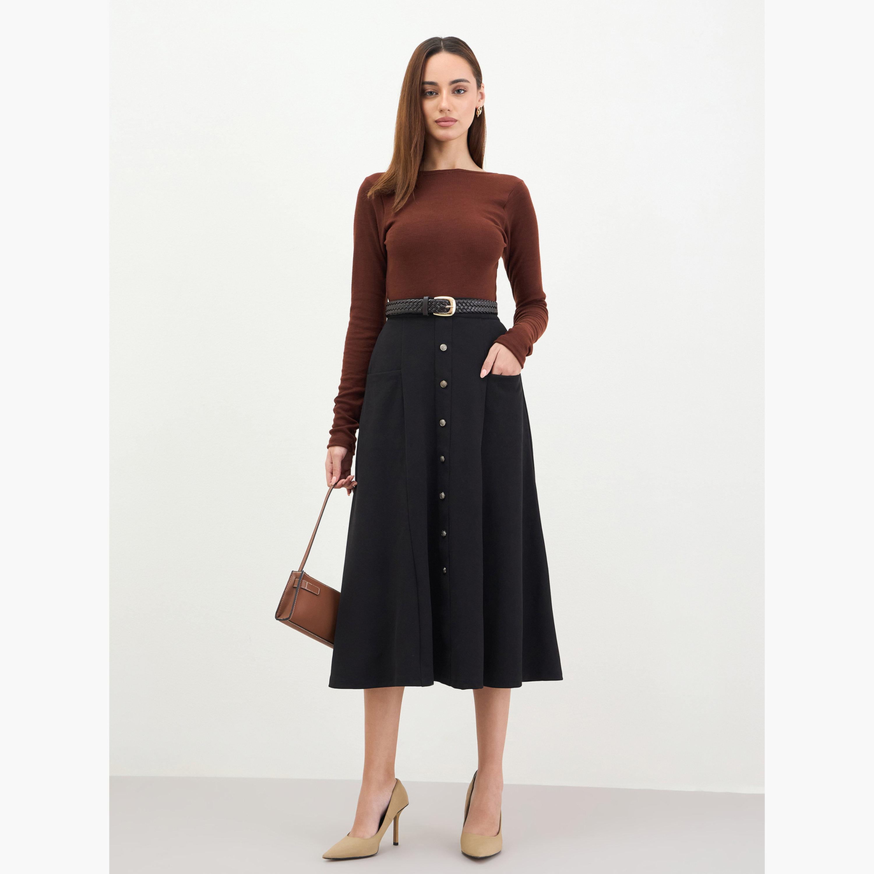 Styli Women Black Buttoned A-Line Midi Skirt-women-clothing-bottoms-skirts-image-2