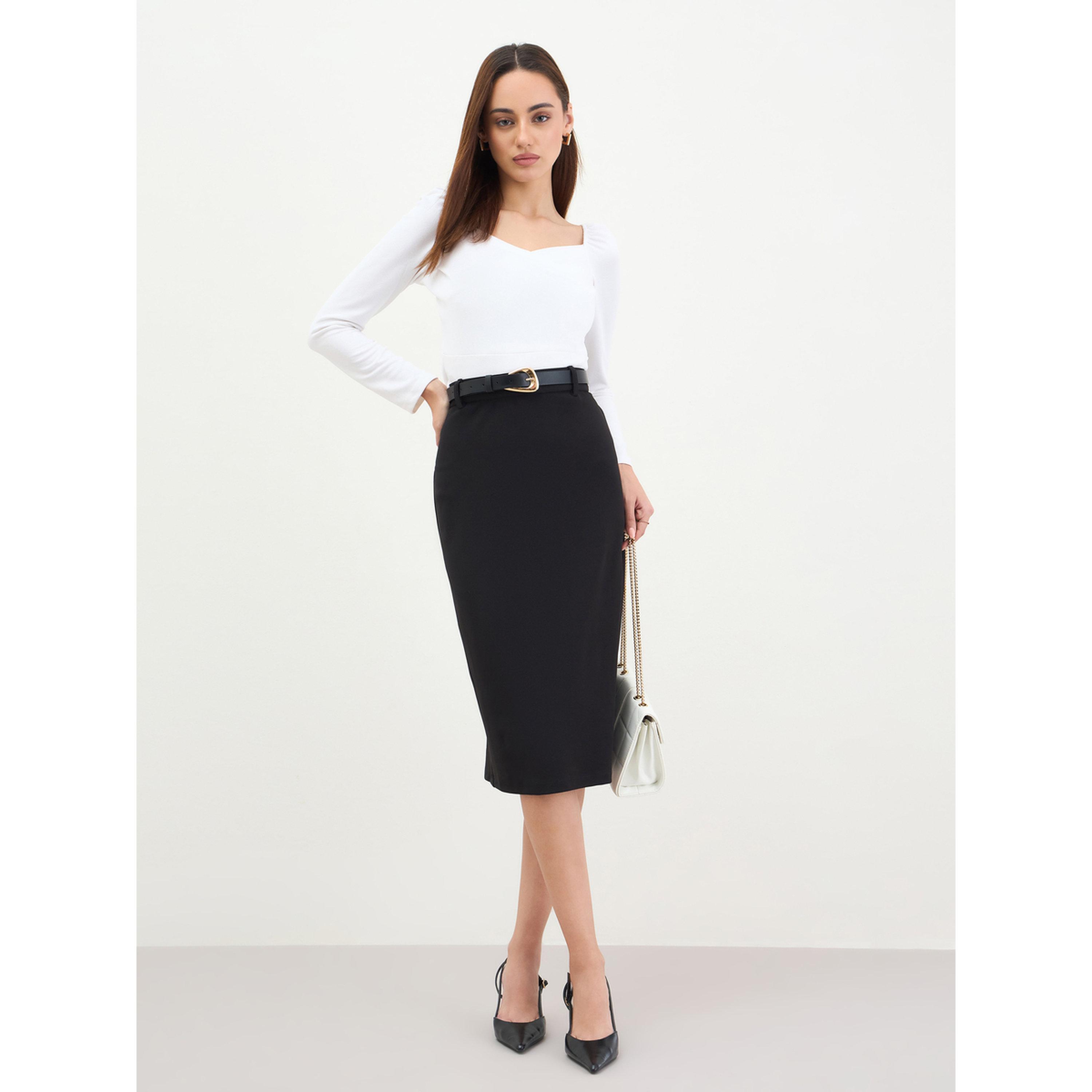 Styli Black Pencil Midi Skirt with Back Slit-women-clothing-bottoms-skirts-image-2