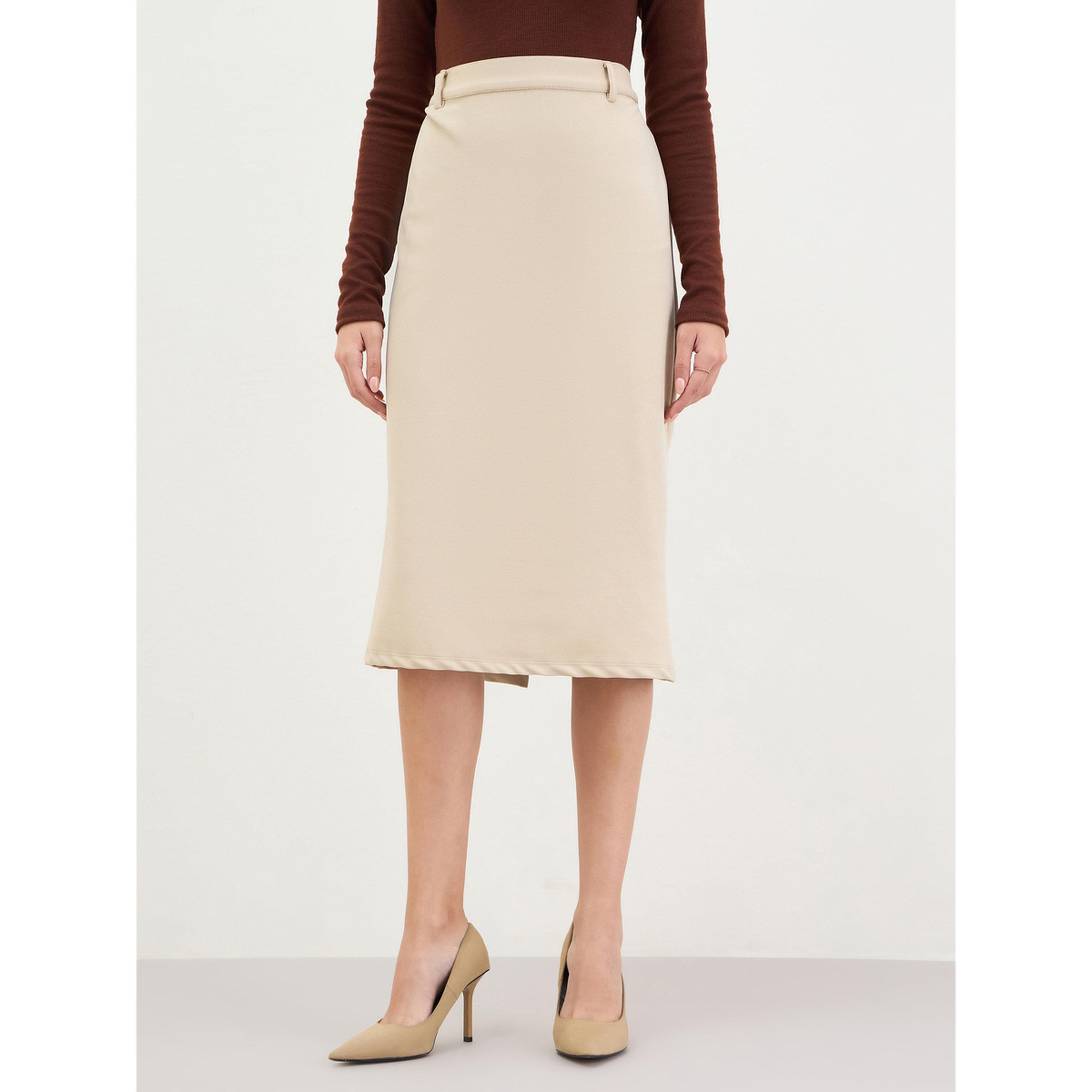 Styli Beige Pencil Midi Skirt with Back Slit-women-clothing-bottoms-skirts-image-1