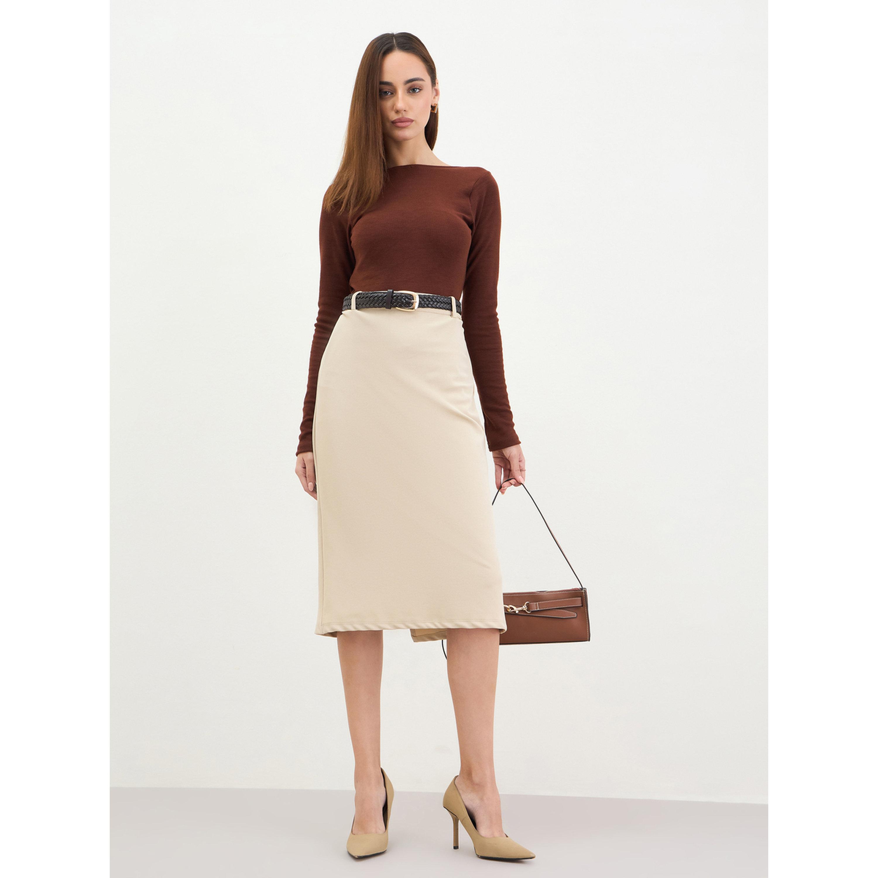 Styli Beige Pencil Midi Skirt with Back Slit-women-clothing-bottoms-skirts-image-2