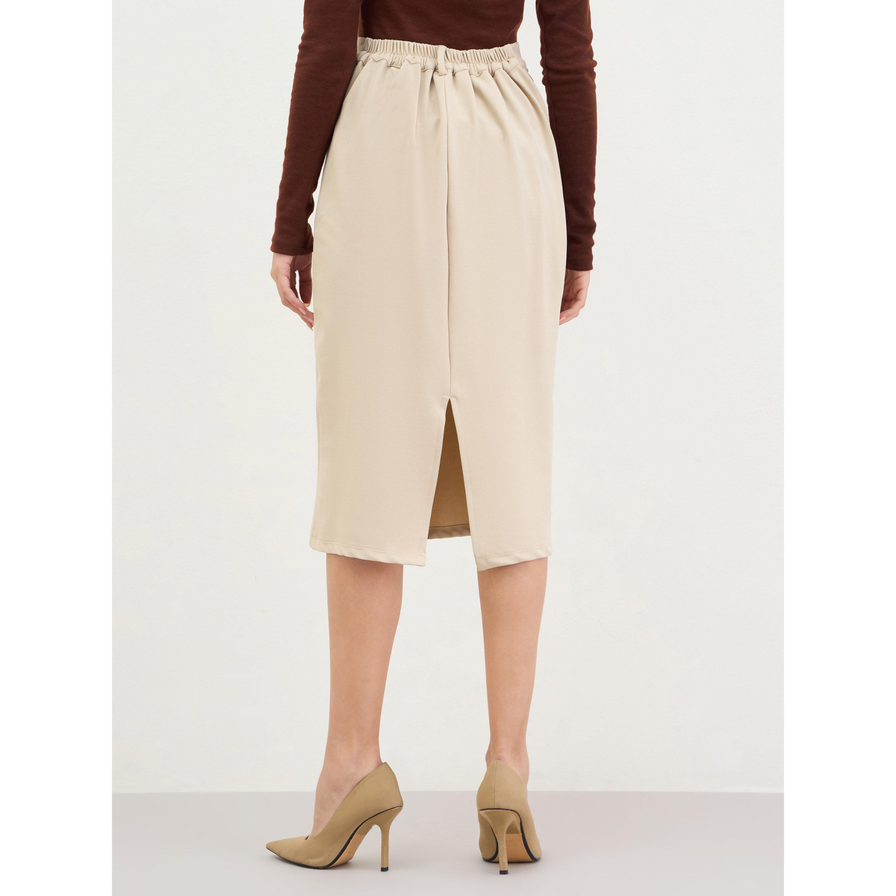 Styli Beige Pencil Midi Skirt with Back Slit-women-clothing-bottoms-skirts-image-4