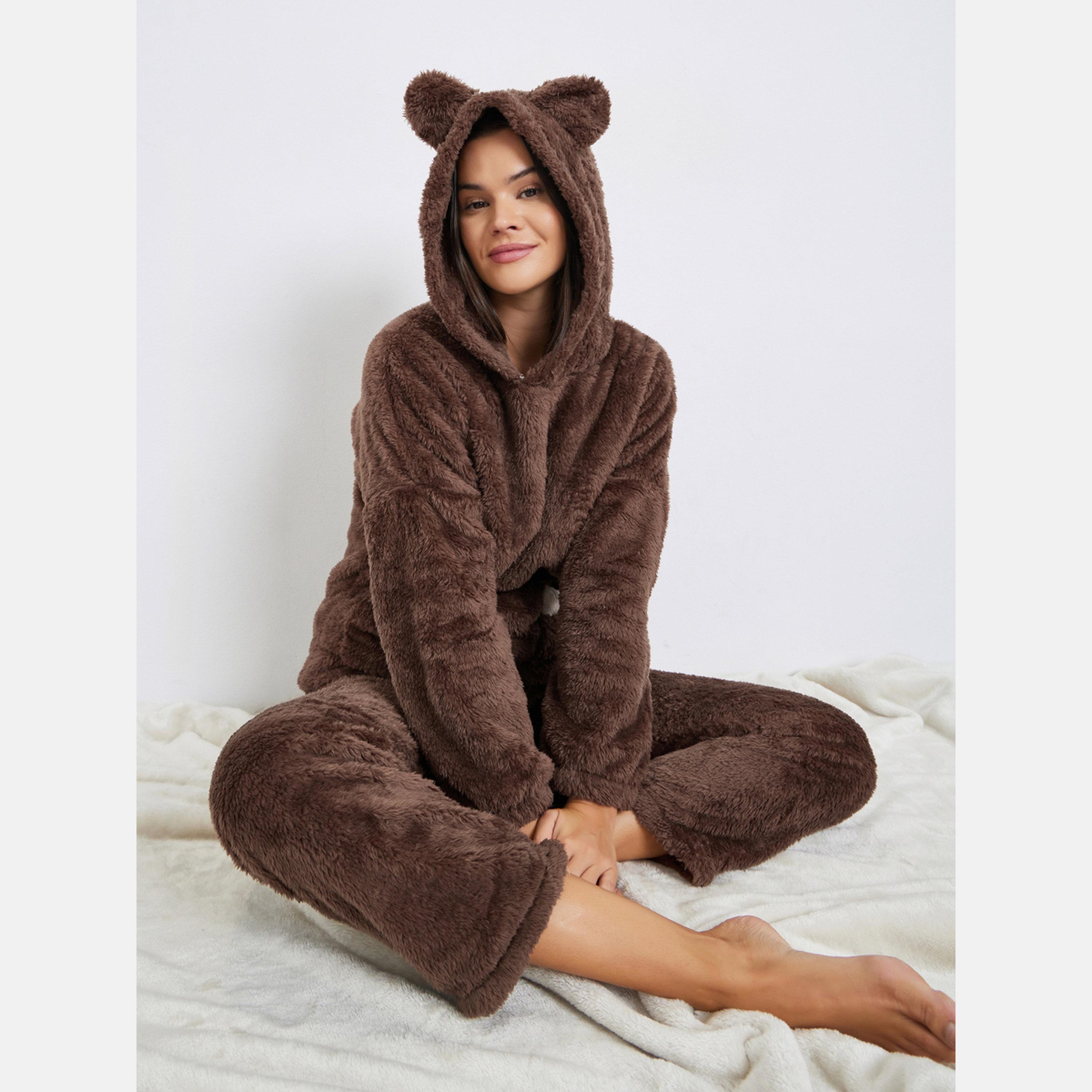 ستايلي - بيجاما قميص بغطاء رأس وجيب بلون متباين بطبعة آذان الدب-women-clothing-nightwear-pyjamas-longsets-image-2