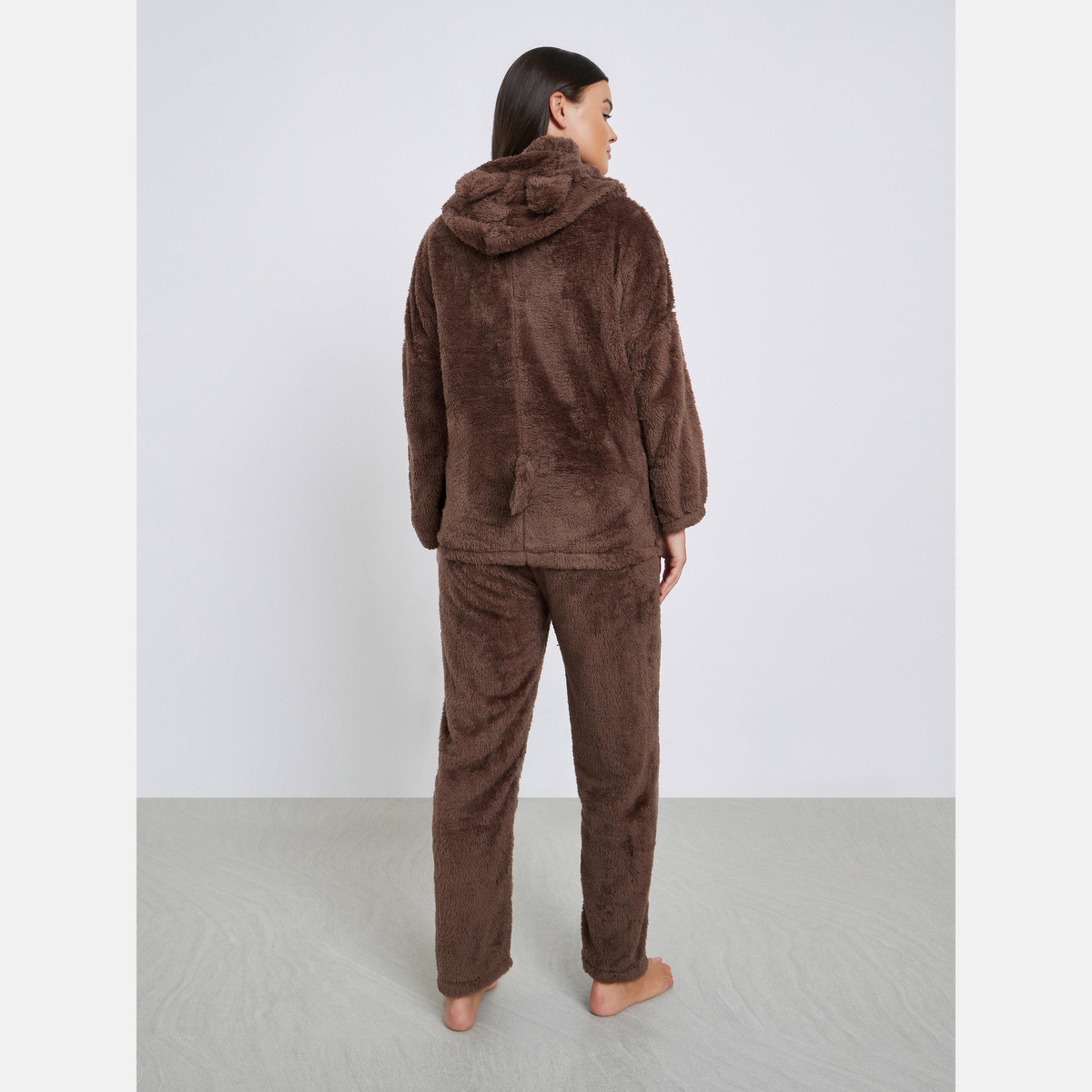 ستايلي - بيجاما قميص بغطاء رأس وجيب بلون متباين بطبعة آذان الدب-women-clothing-nightwear-pyjamas-longsets-image-6