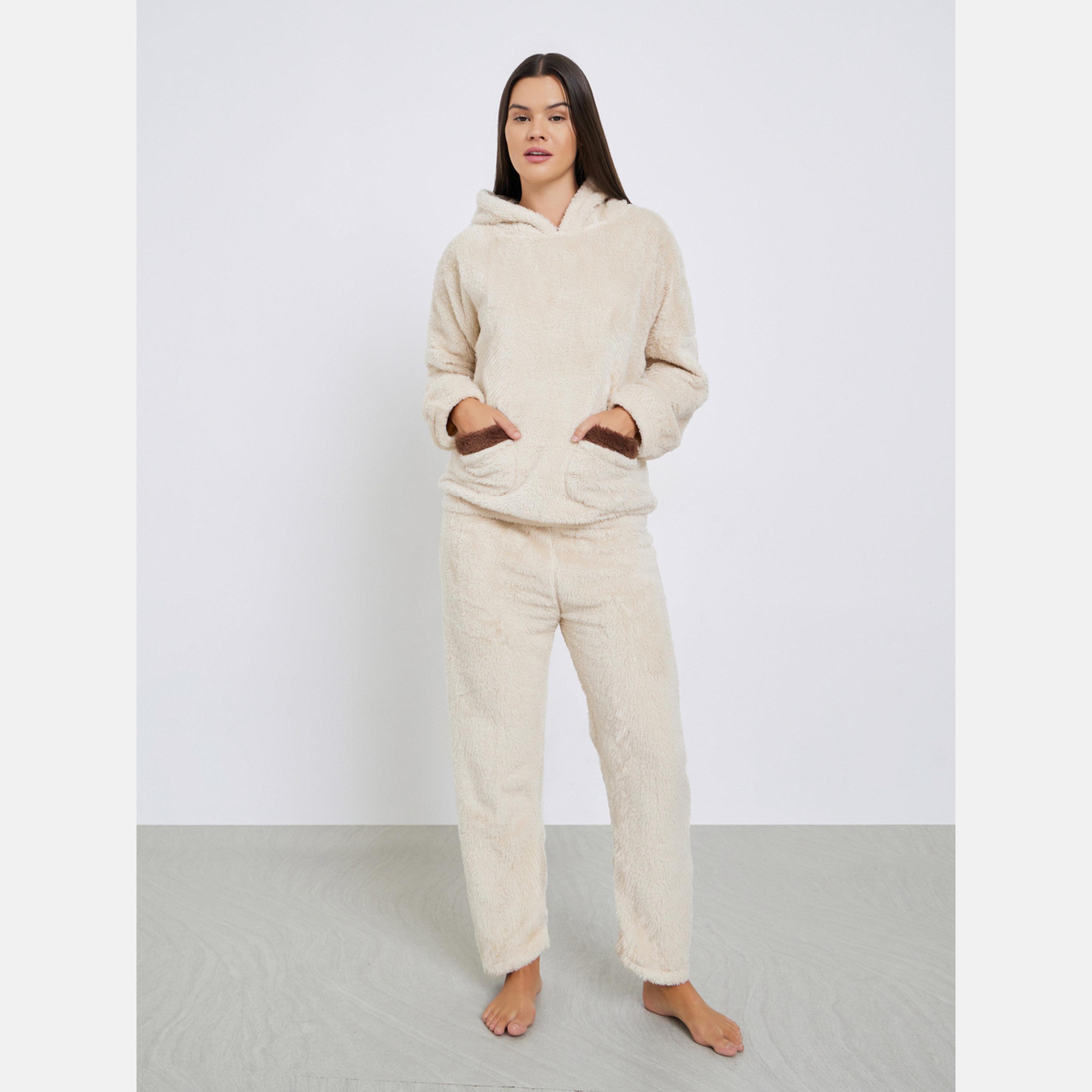 ستايلي - بيجاما قميص بغطاء رأس وجيب بلون متباين بطبعة آذان الدب-women-clothing-nightwear-pyjamas-longsets-image-1