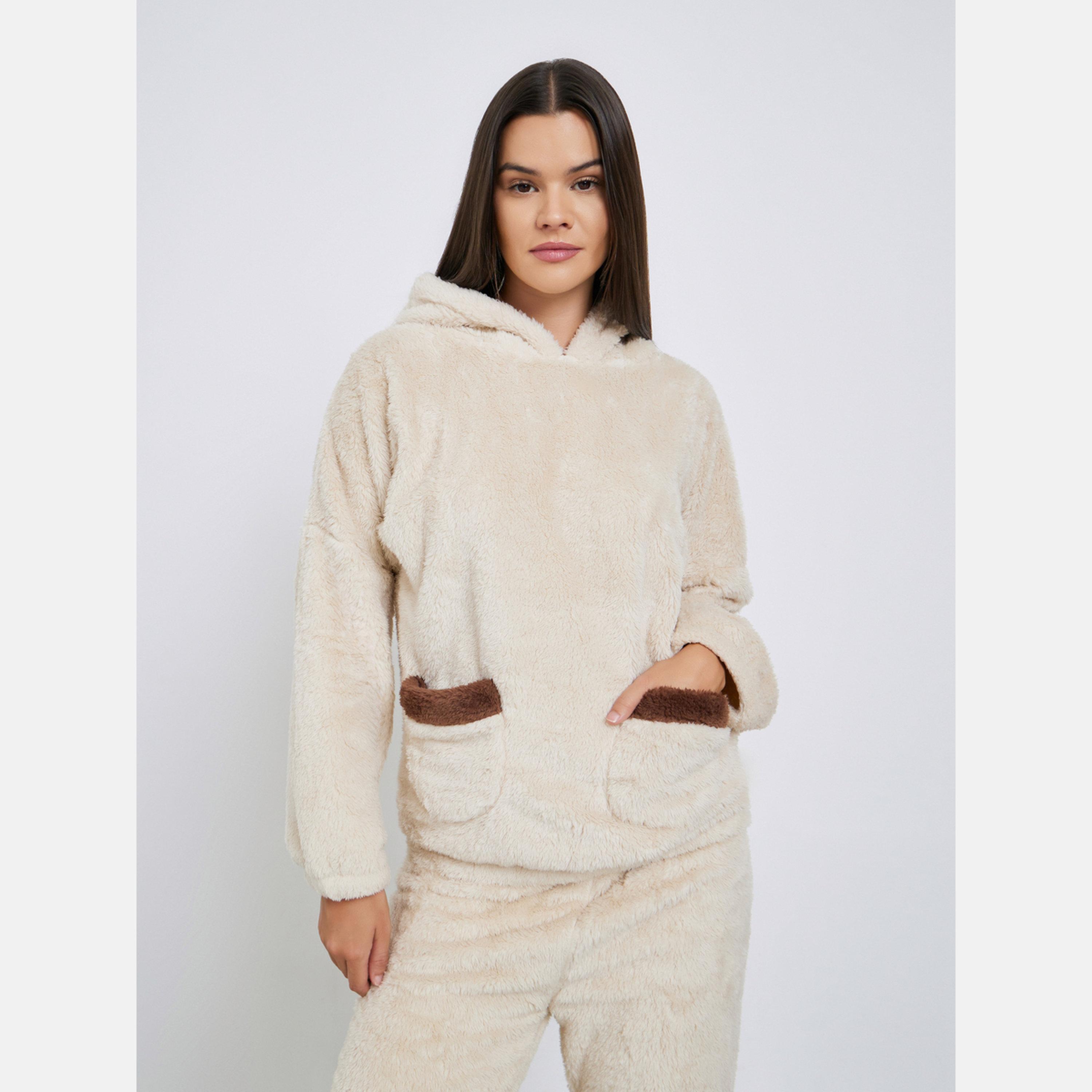 ستايلي - بيجاما قميص بغطاء رأس وجيب بلون متباين بطبعة آذان الدب-women-clothing-nightwear-pyjamas-longsets-image-3