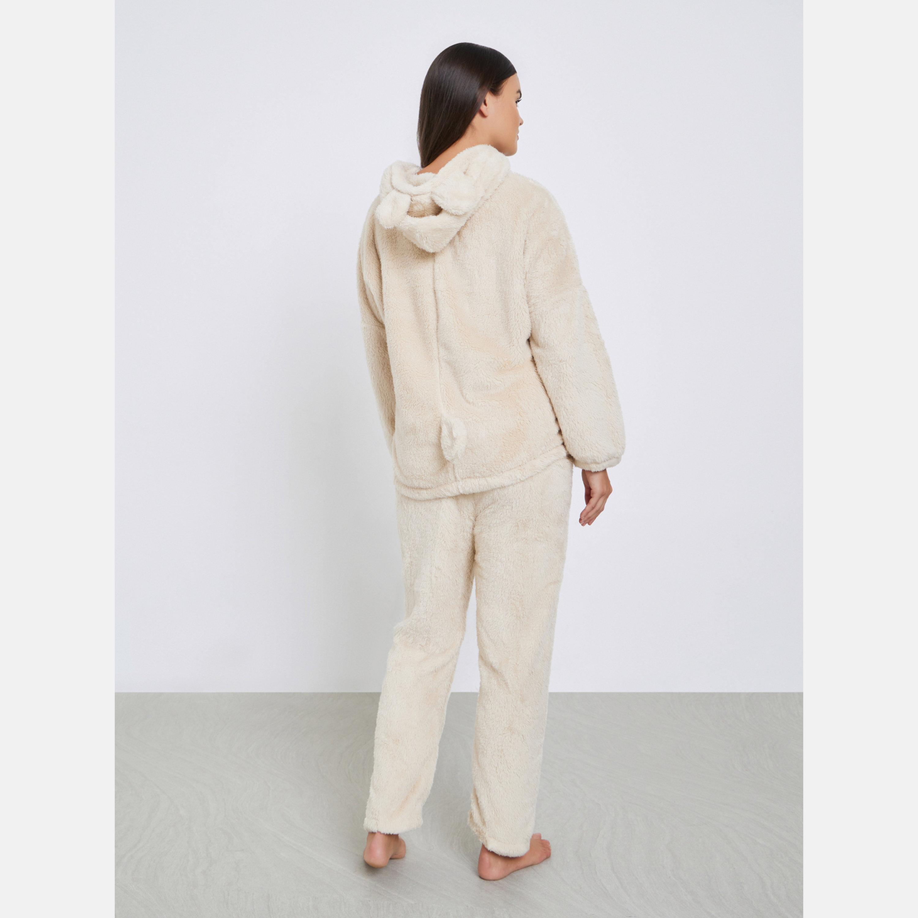 ستايلي - بيجاما قميص بغطاء رأس وجيب بلون متباين بطبعة آذان الدب-women-clothing-nightwear-pyjamas-longsets-image-6