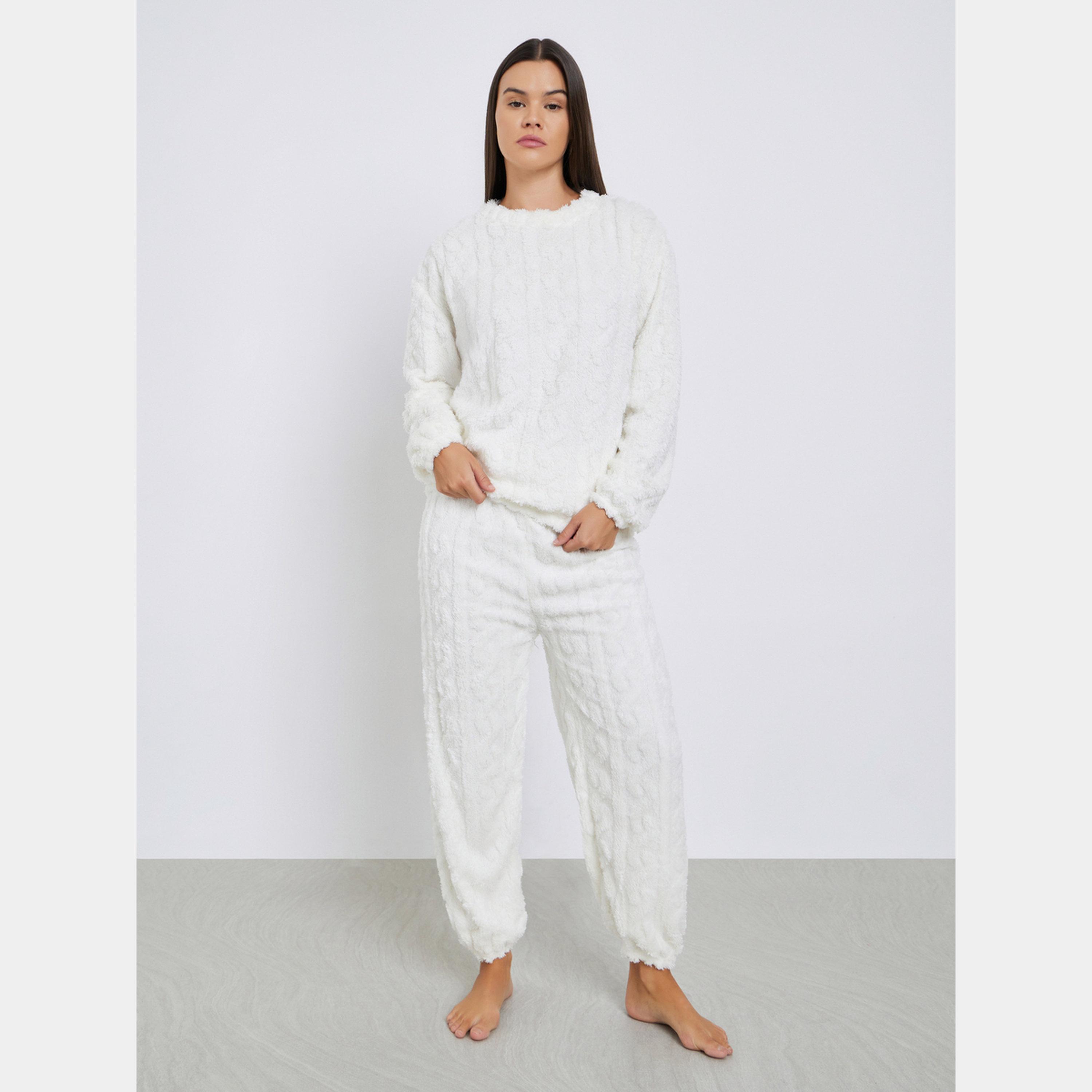 Styli Cable Fleece Long Sleeves Top and Pyjama Set-women-clothing-nightwear-pyjamas-longsets-image-1