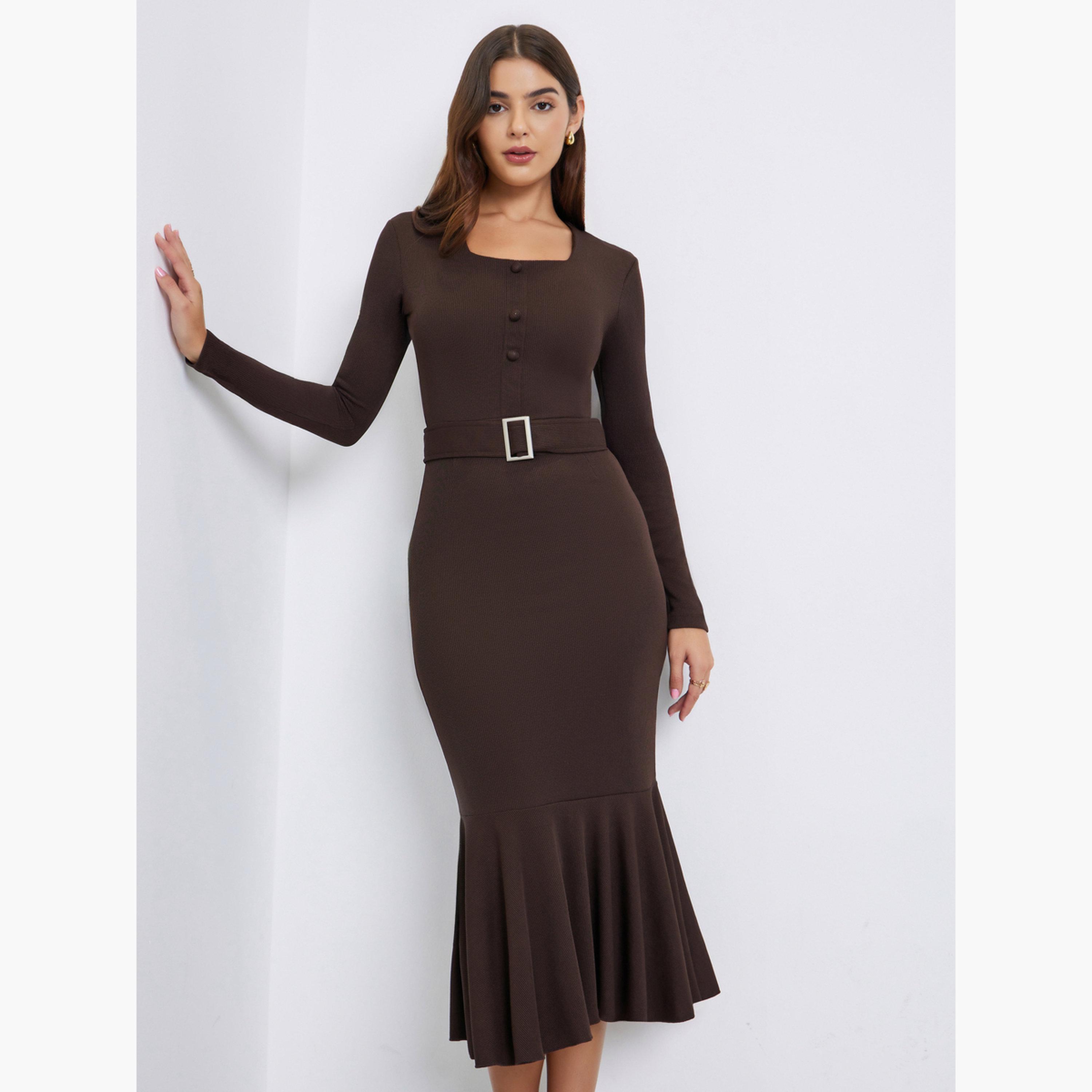 ستايلي - فستان بني متوسط ​​الطول بحافة حورية البحر وحزام-women-clothing-dresses-image-1