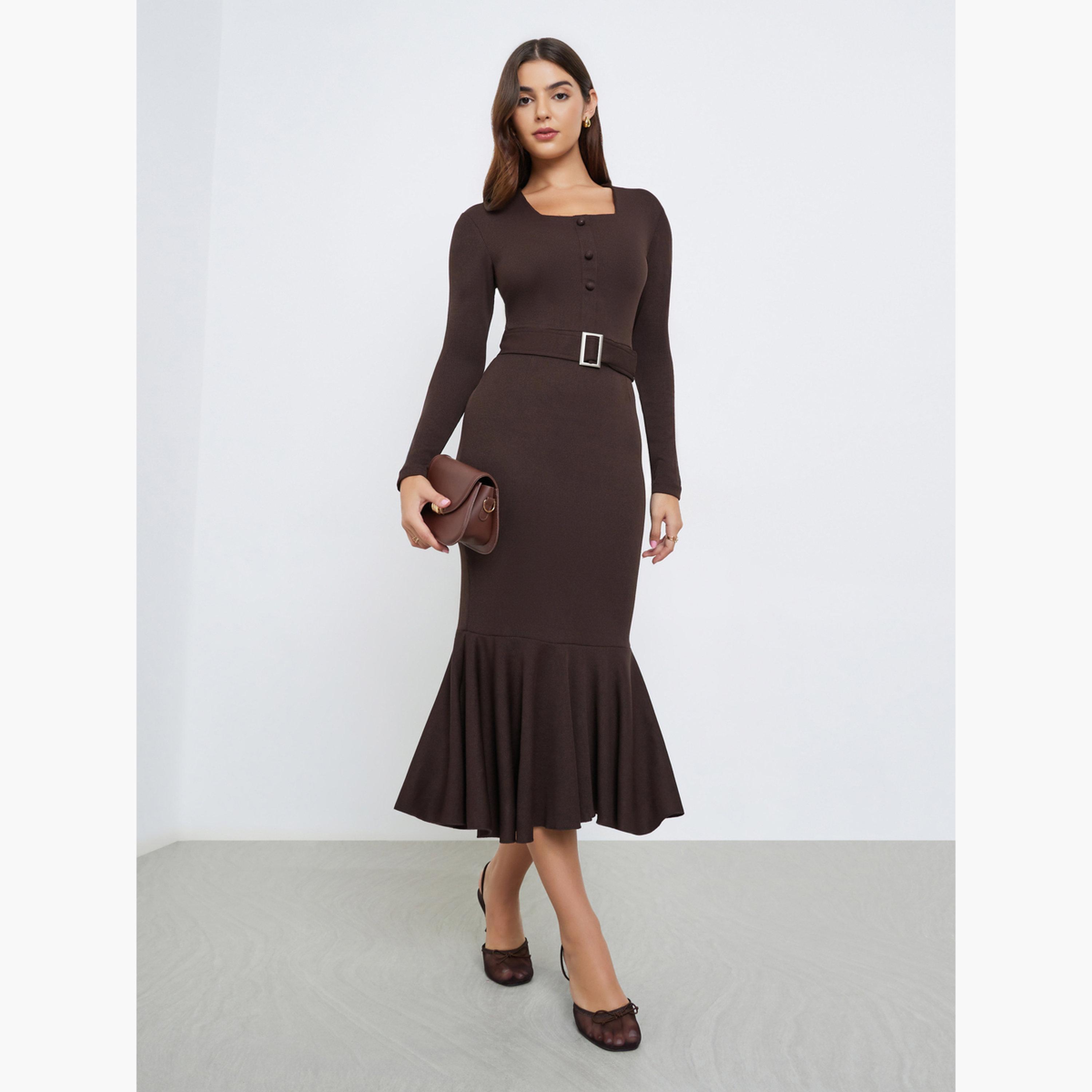 ستايلي - فستان بني متوسط ​​الطول بحافة حورية البحر وحزام-women-clothing-dresses-image-2