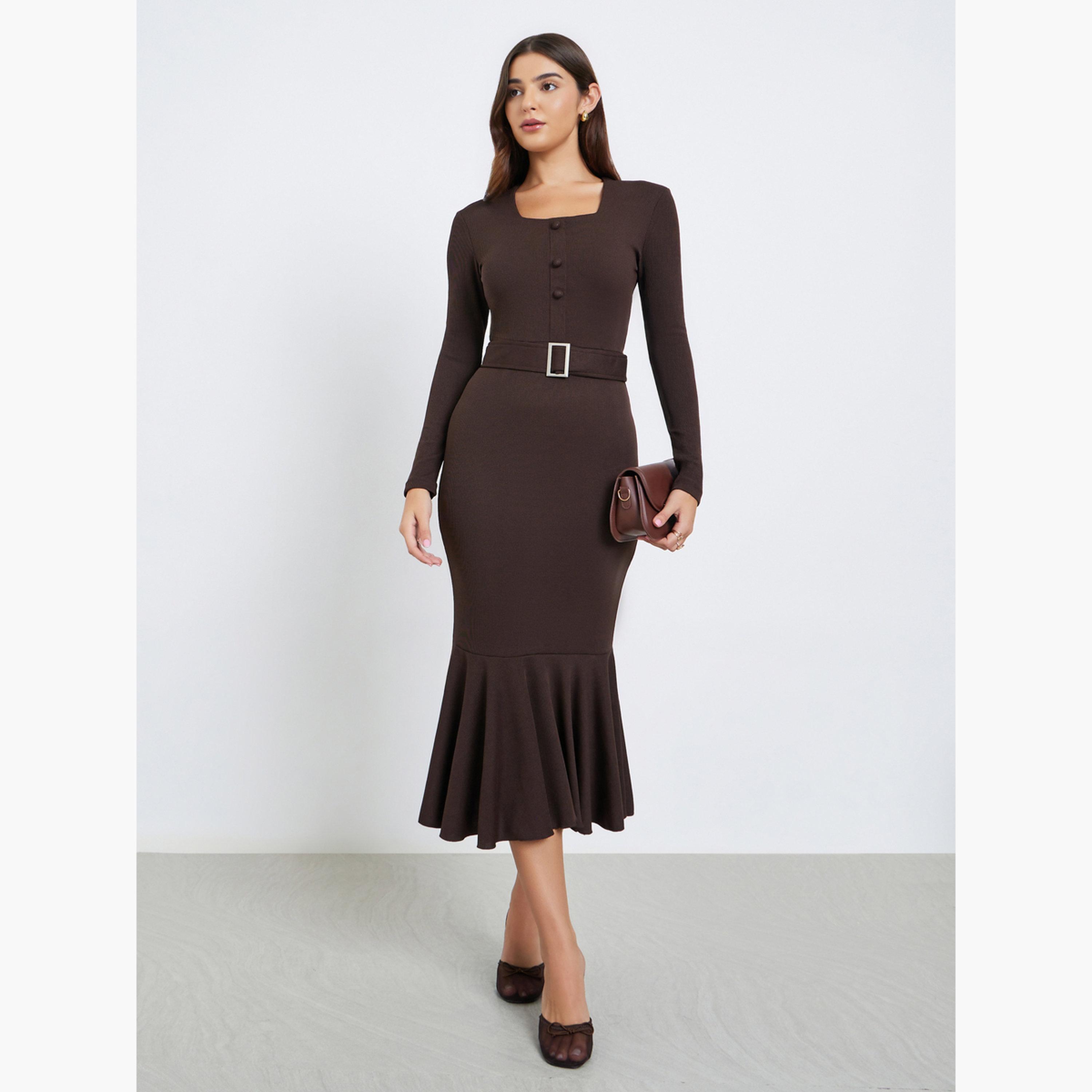 ستايلي - فستان بني متوسط ​​الطول بحافة حورية البحر وحزام-women-clothing-dresses-image-3