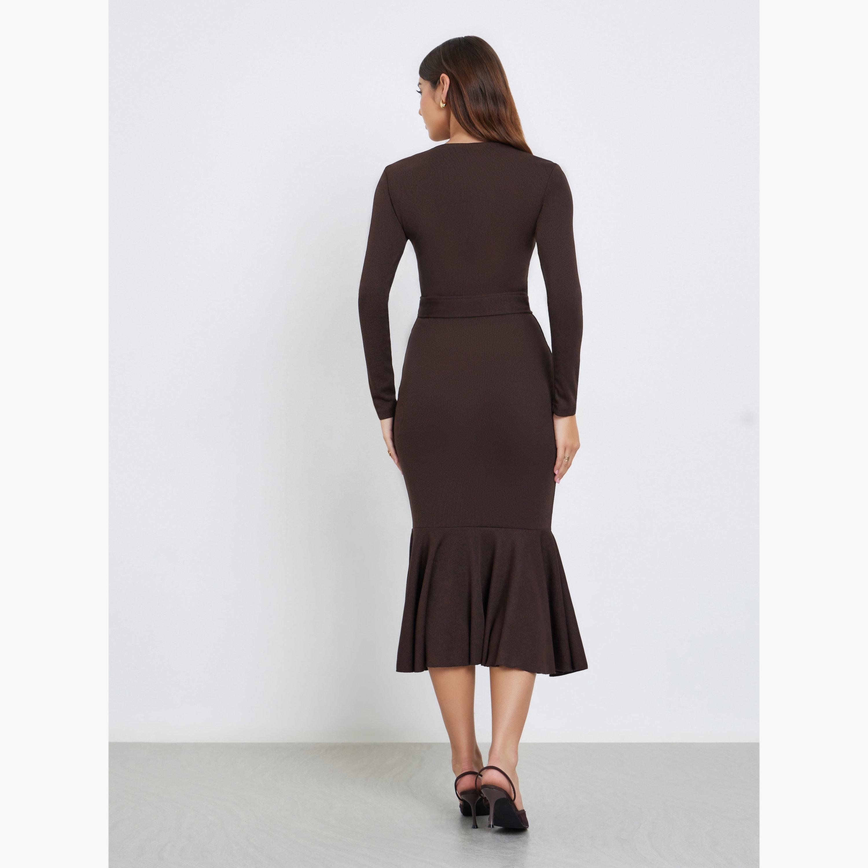 ستايلي - فستان بني متوسط ​​الطول بحافة حورية البحر وحزام-women-clothing-dresses-image-4