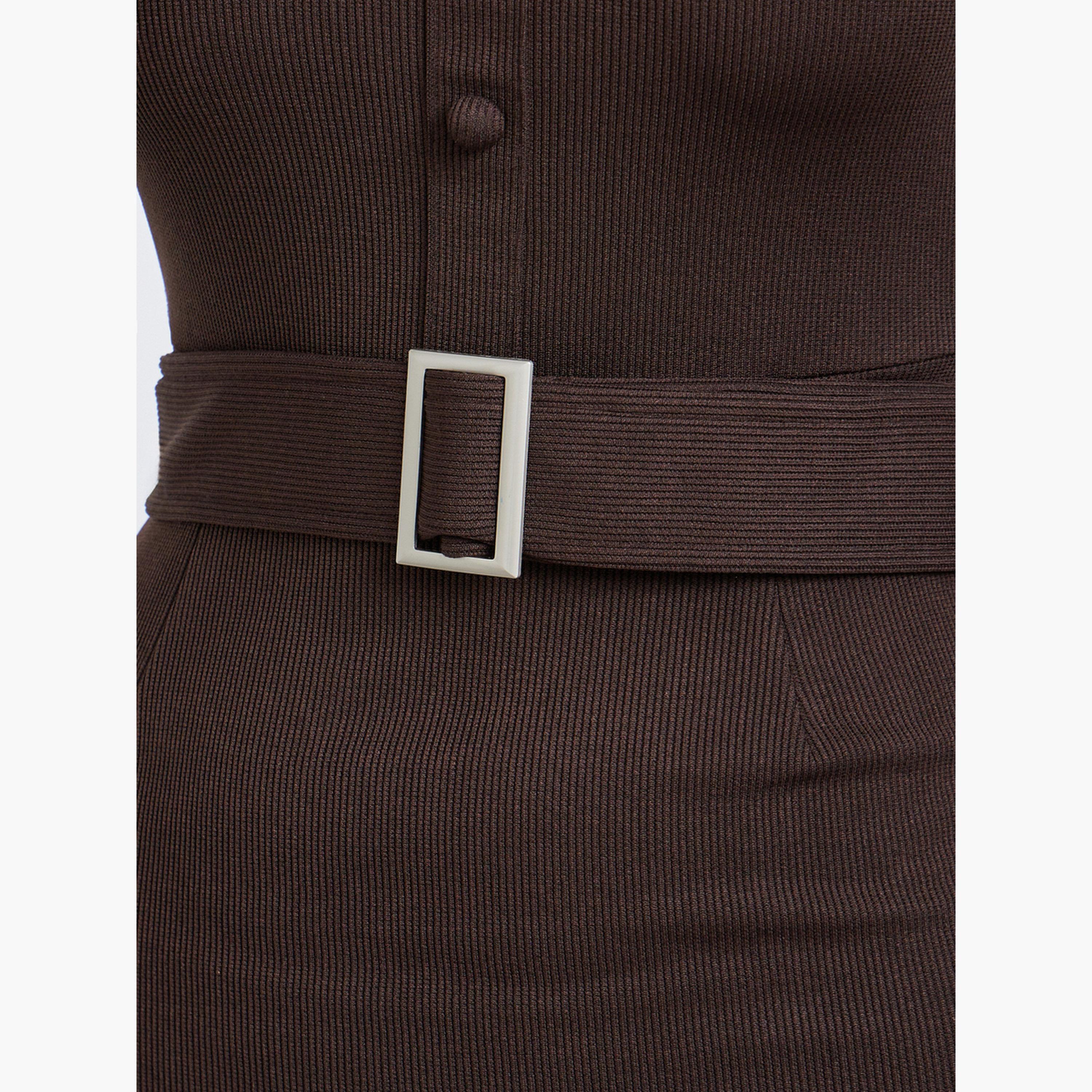 ستايلي - فستان بني متوسط ​​الطول بحافة حورية البحر وحزام-women-clothing-dresses-image-5