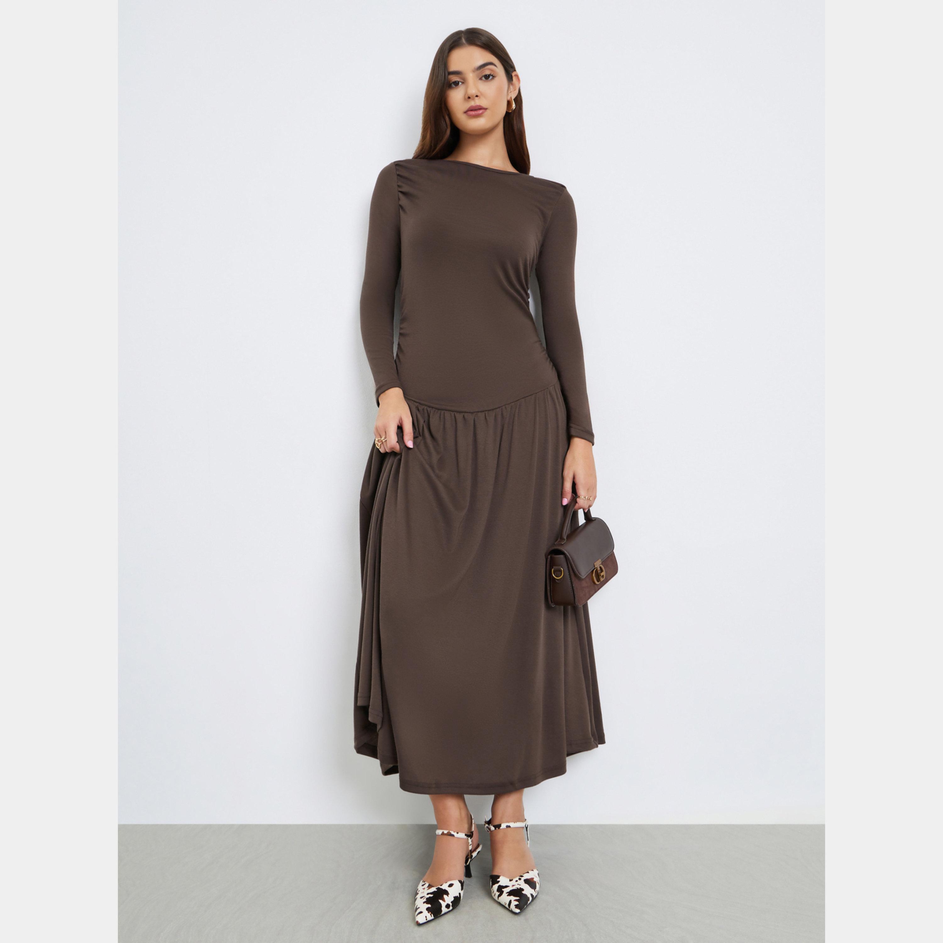 Styli Brown Gathered Detail Boat Neck Long Sleeves Women's A-line Maxi Dress-women-clothing-dresses-image-1