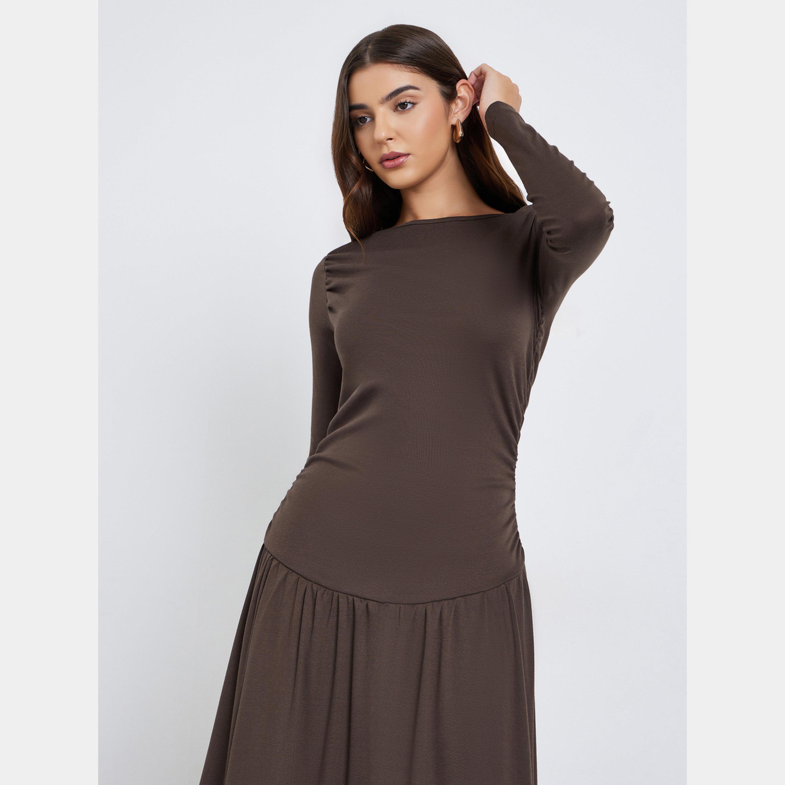 Styli Brown Gathered Detail Boat Neck Long Sleeves Women's A-line Maxi Dress-women-clothing-dresses-image-2