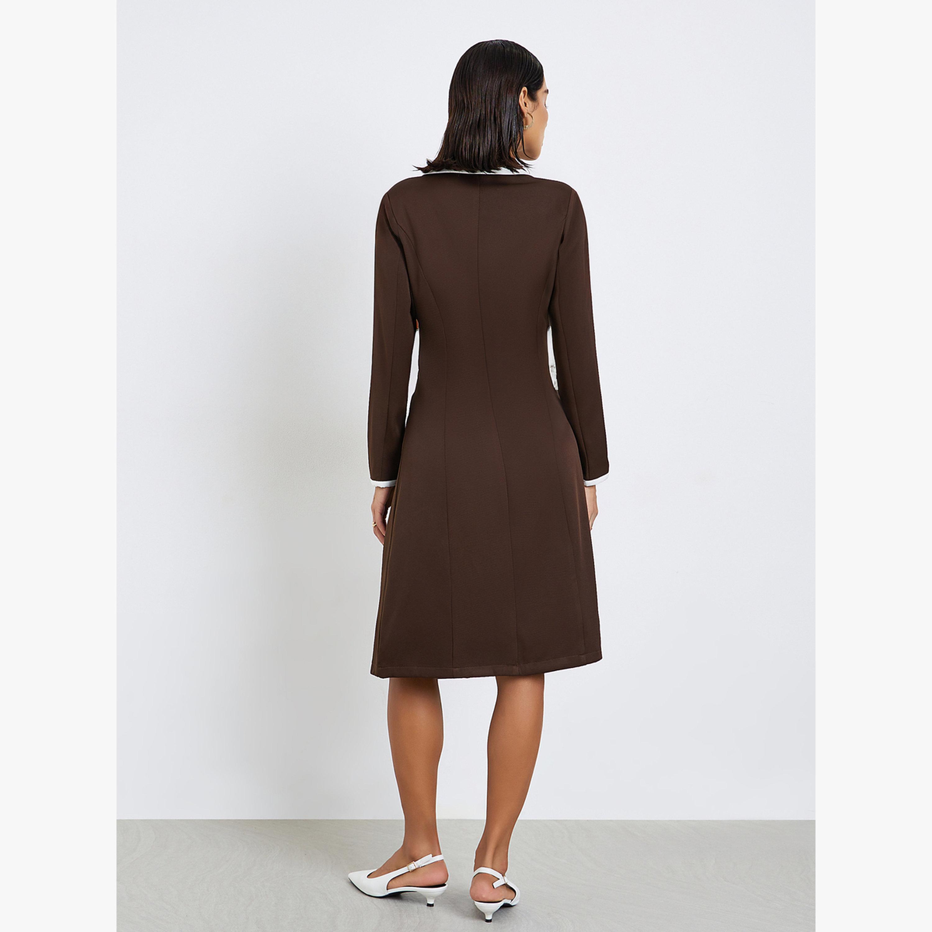 Styli Brown Contrast Piping Blazer Knee Length Dress-women-clothing-dresses-image-4