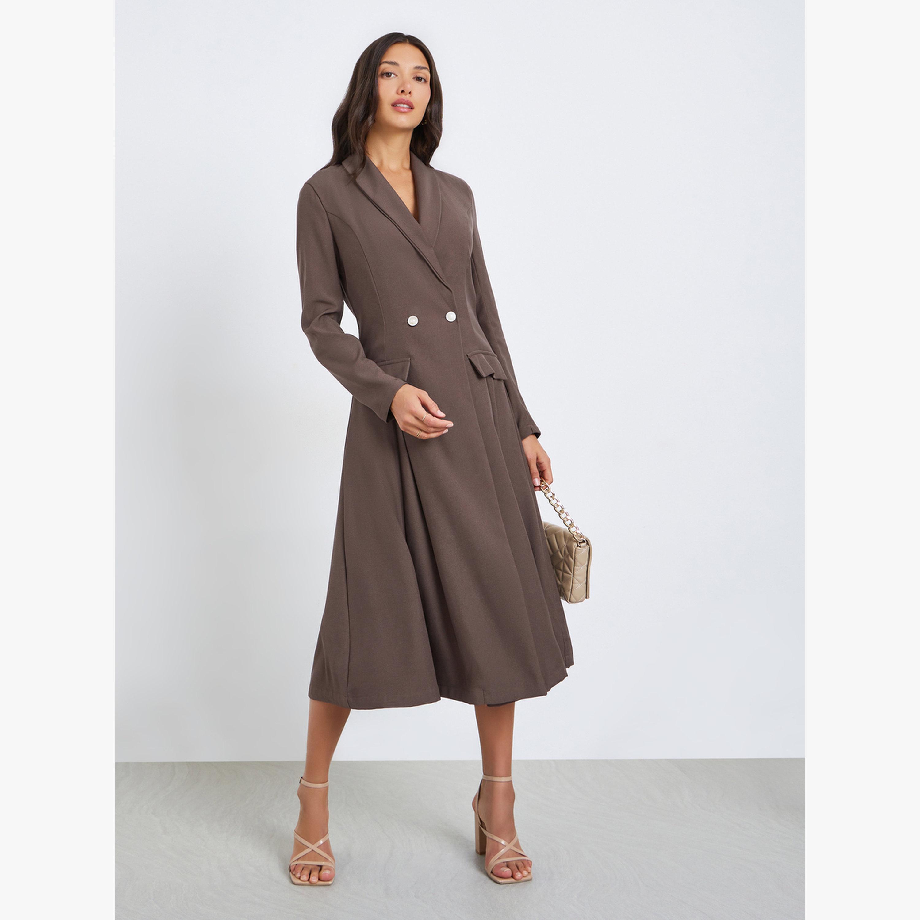 Styli Women Brown Long Sleeves Blazer Midi Dress-women-clothing-dresses-image-1